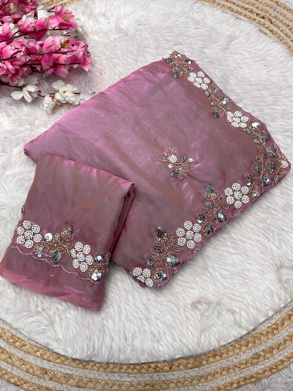 Shimmering Fandy Satin Silk Saree With  Embroidered  Work