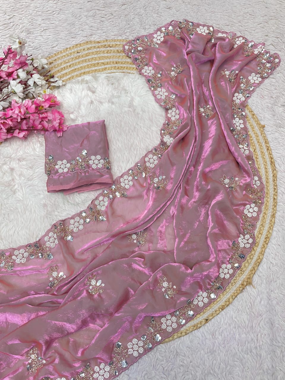 Shimmering Fandy Satin Silk Saree With  Embroidered  Work