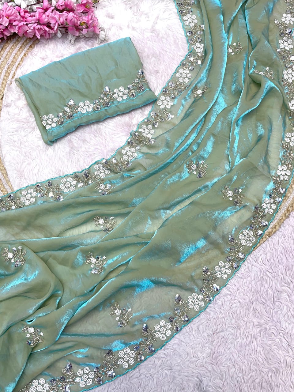 Shimmering Fandy Satin Silk Saree With  Embroidered  Work