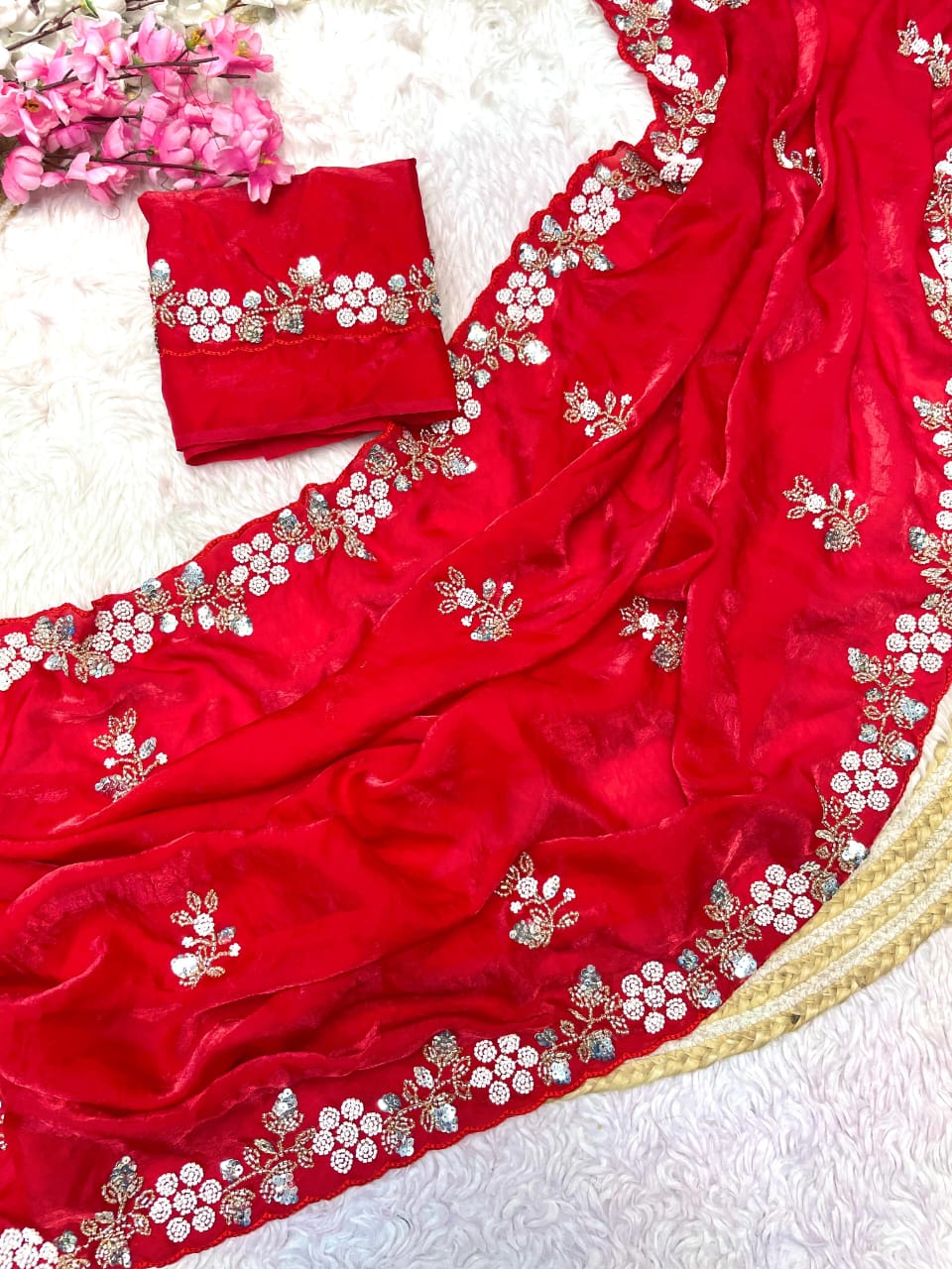 Shimmering Fandy Satin Silk Saree With  Embroidered  Work