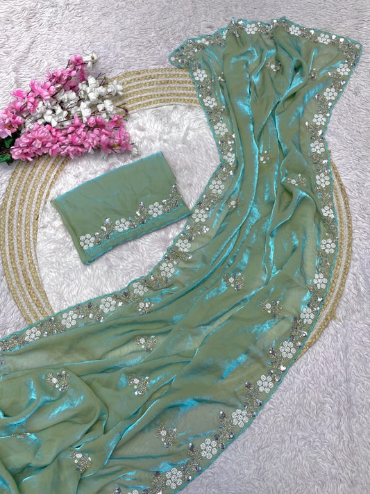 Shimmering Fandy Satin Silk Saree With  Embroidered  Work