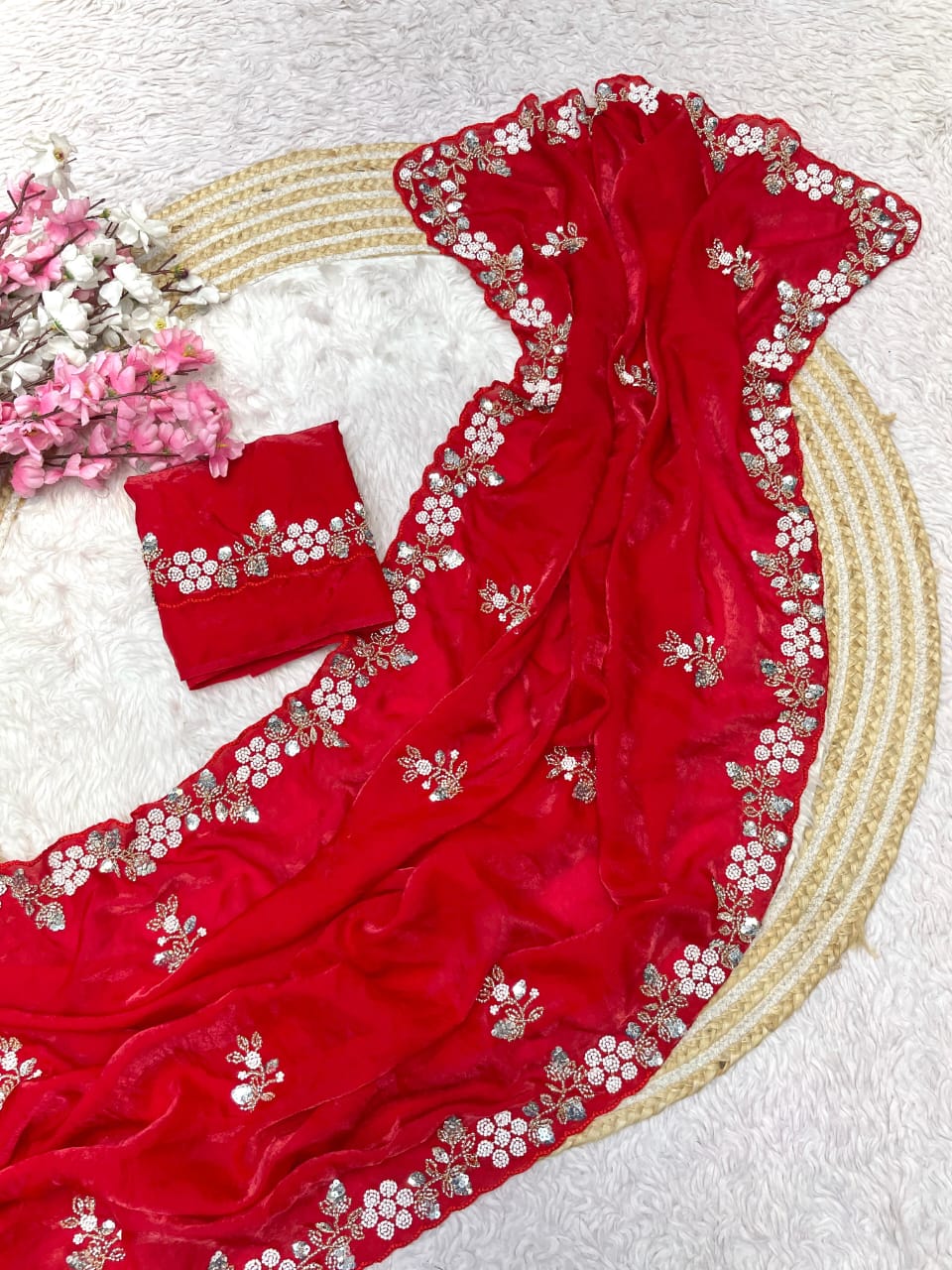 Shimmering Fandy Satin Silk Saree With  Embroidered  Work