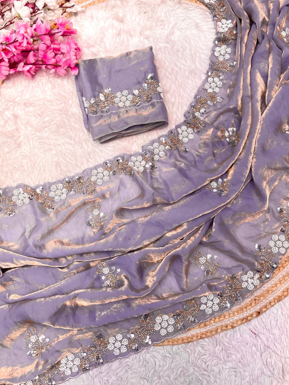Shimmering Fandy Satin Silk Saree With  Embroidered  Work