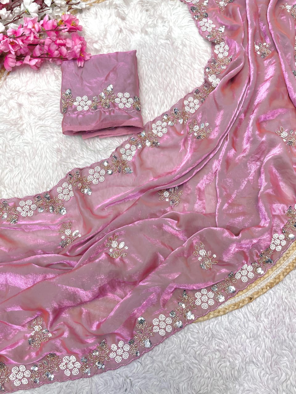 Shimmering Fandy Satin Silk Saree With  Embroidered  Work