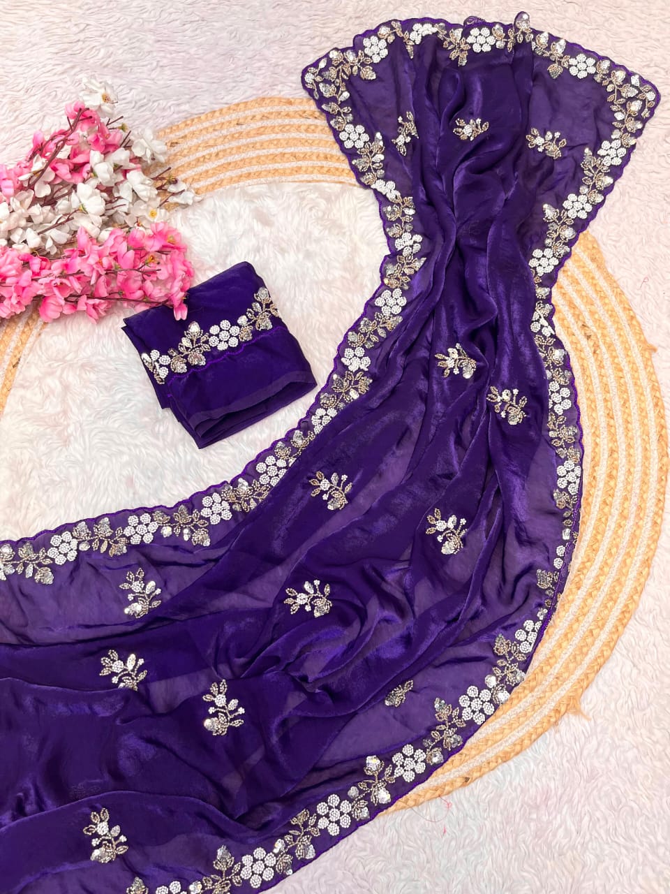 Shimmering Fandy Satin Silk Saree With  Embroidered  Work