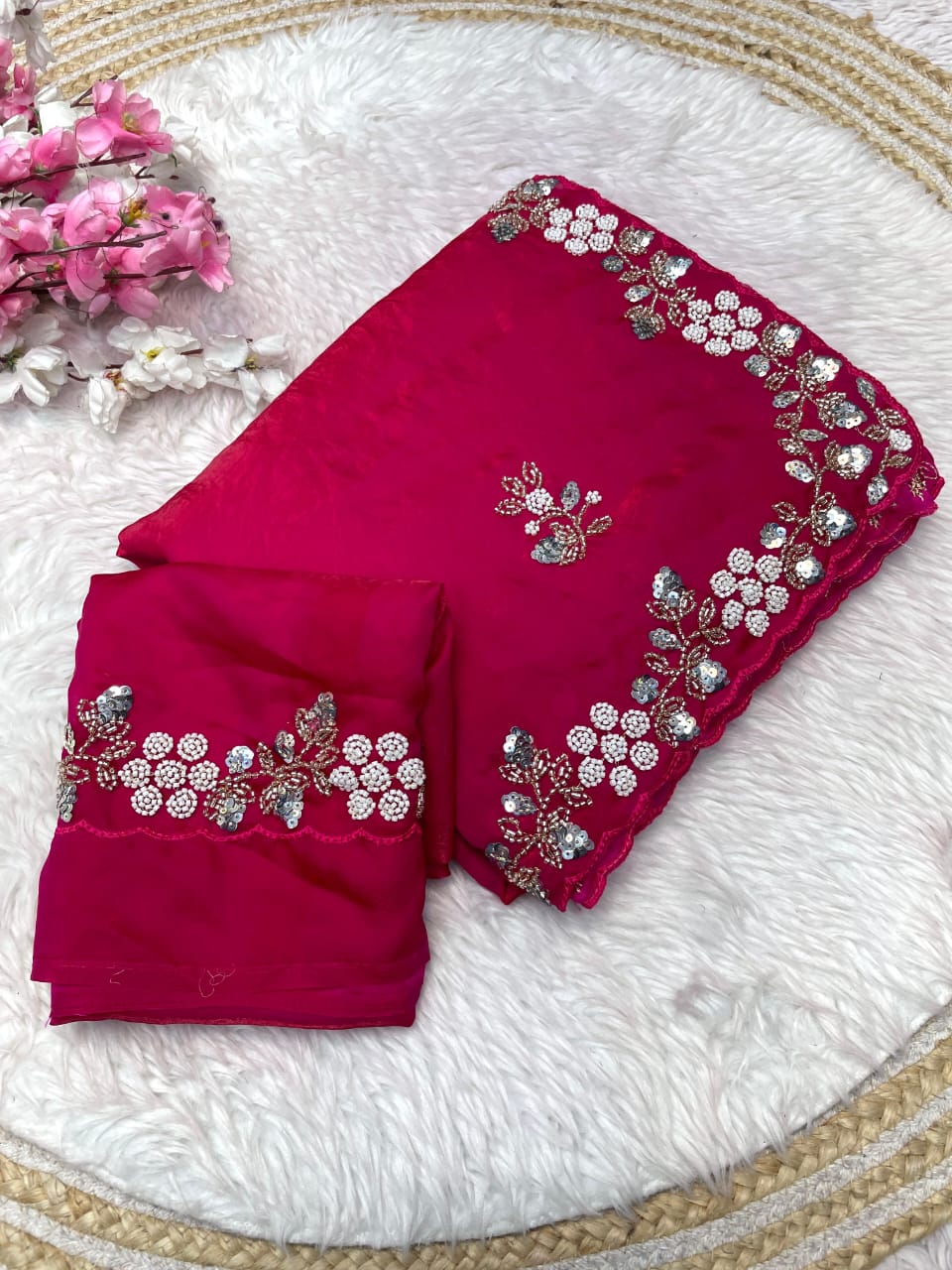Shimmering Fandy Satin Silk Saree With  Embroidered  Work
