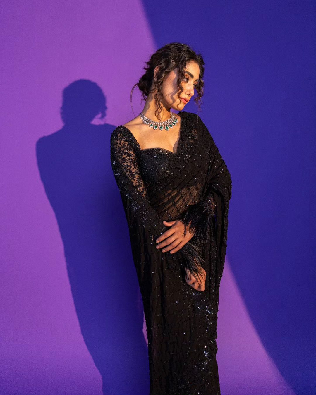 Women's Sequin Embroidered Soft Net Saree with C Pallu Work