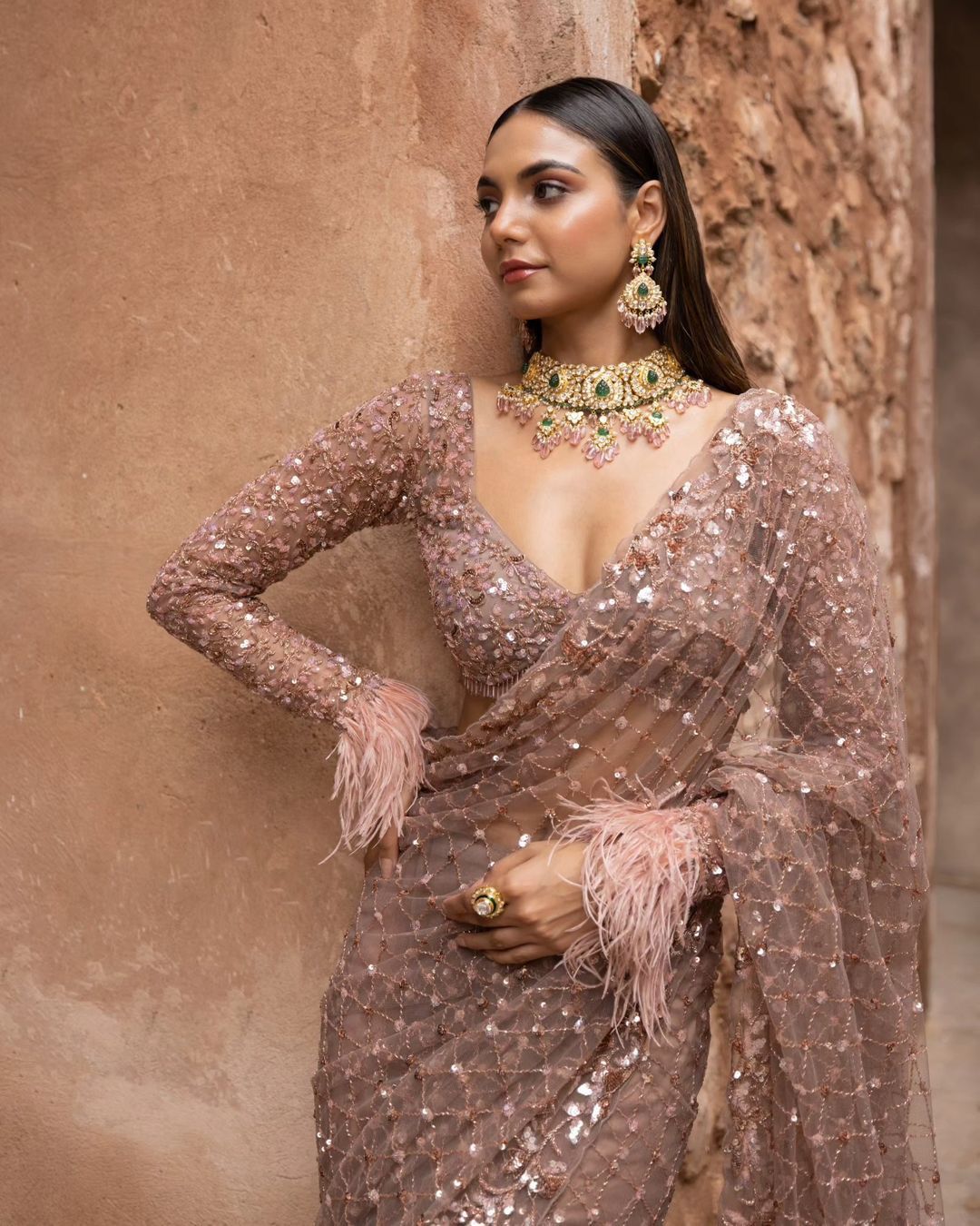 Women's Sequin Embroidered Soft Net Saree with C Pallu Work