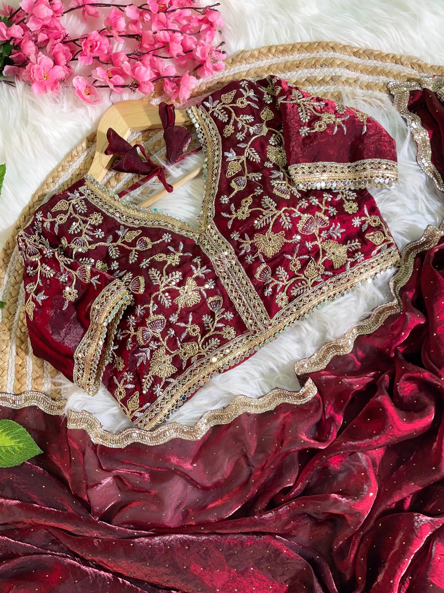 Fancy Satin Silk Saree With Embroidered Thread Work Saree & Jharkhand Border