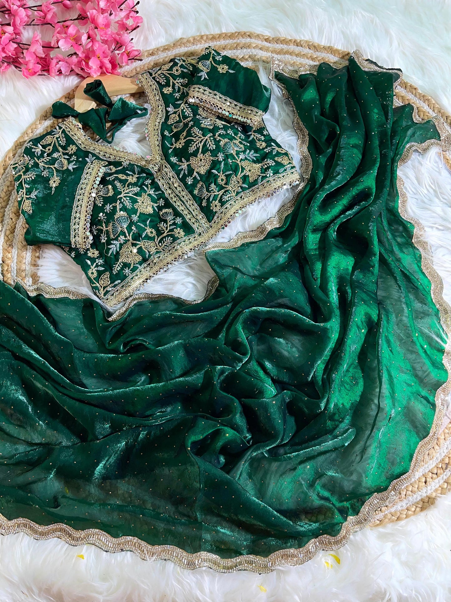 Fancy Satin Silk Saree With Embroidered Thread Work Saree & Jharkhand Border