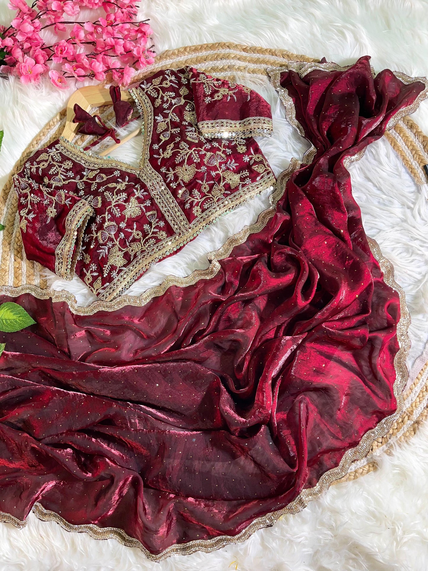 Fancy Satin Silk Saree With Embroidered Thread Work Saree & Jharkhand Border