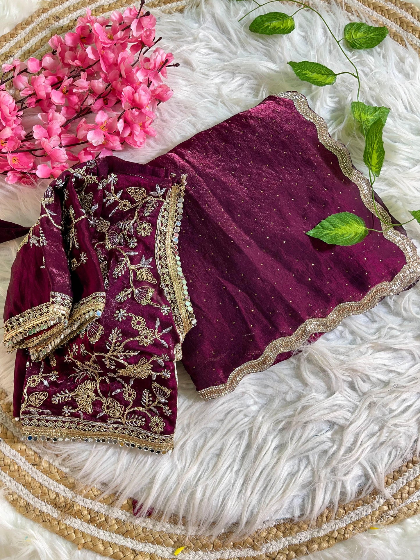 Fancy Satin Silk Saree With Embroidered Thread Work Saree & Jharkhand Border