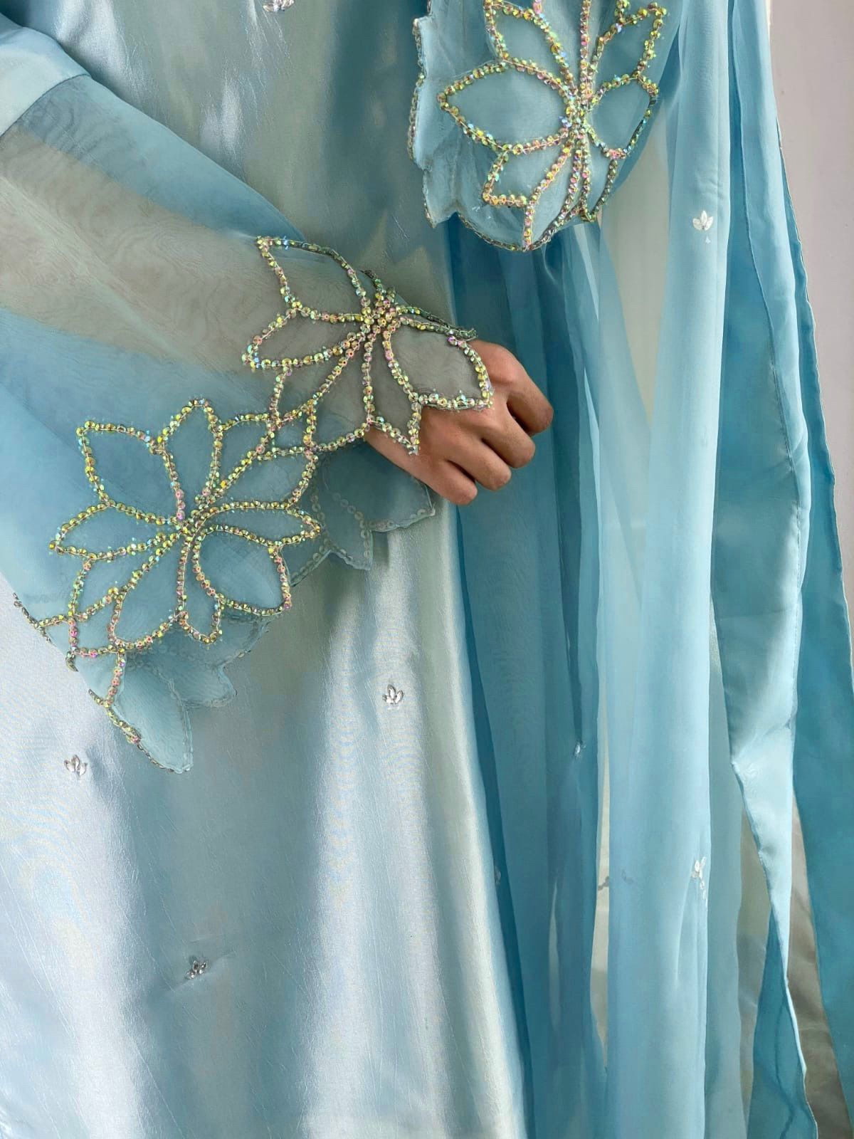 Designer Suit in Beads Work on Kurti, Pant with Organza Dupatta