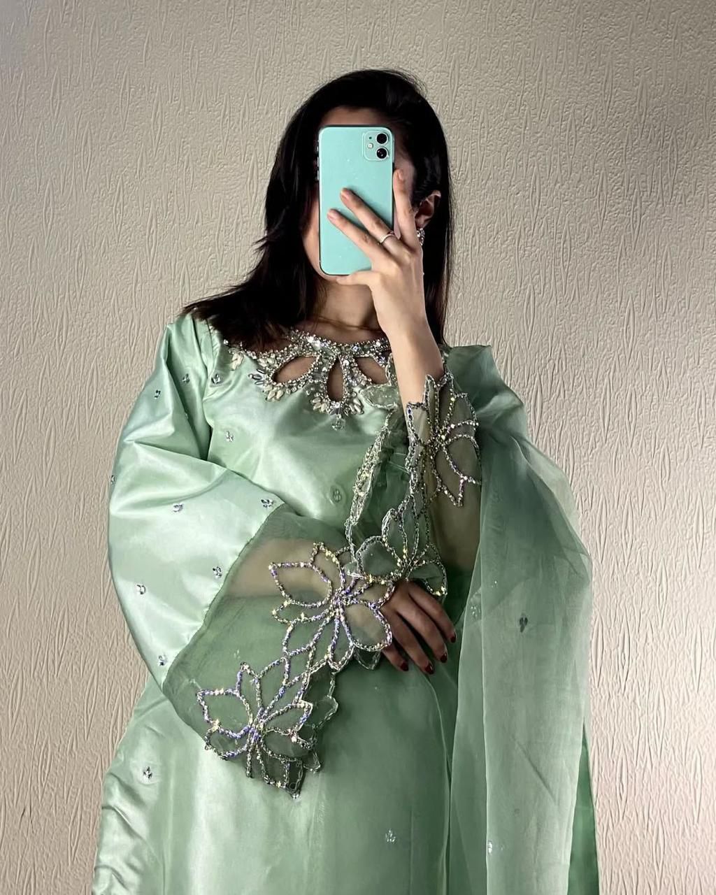 Designer Suit in Beads Work on Kurti, Pant with Organza Dupatta