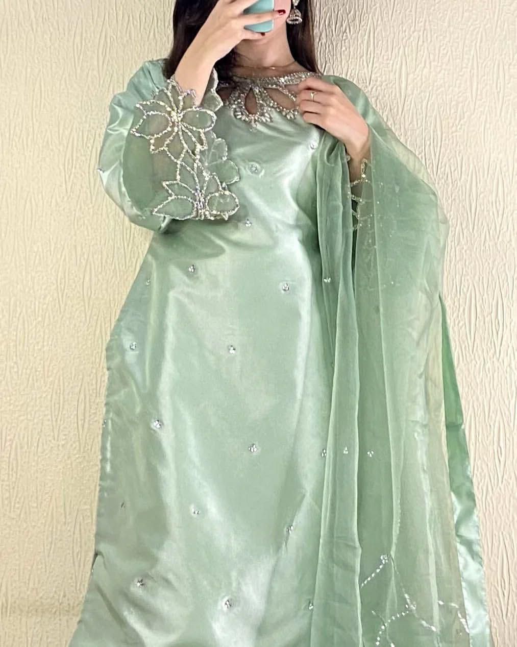 Designer Suit in Beads Work on Kurti, Pant with Organza Dupatta