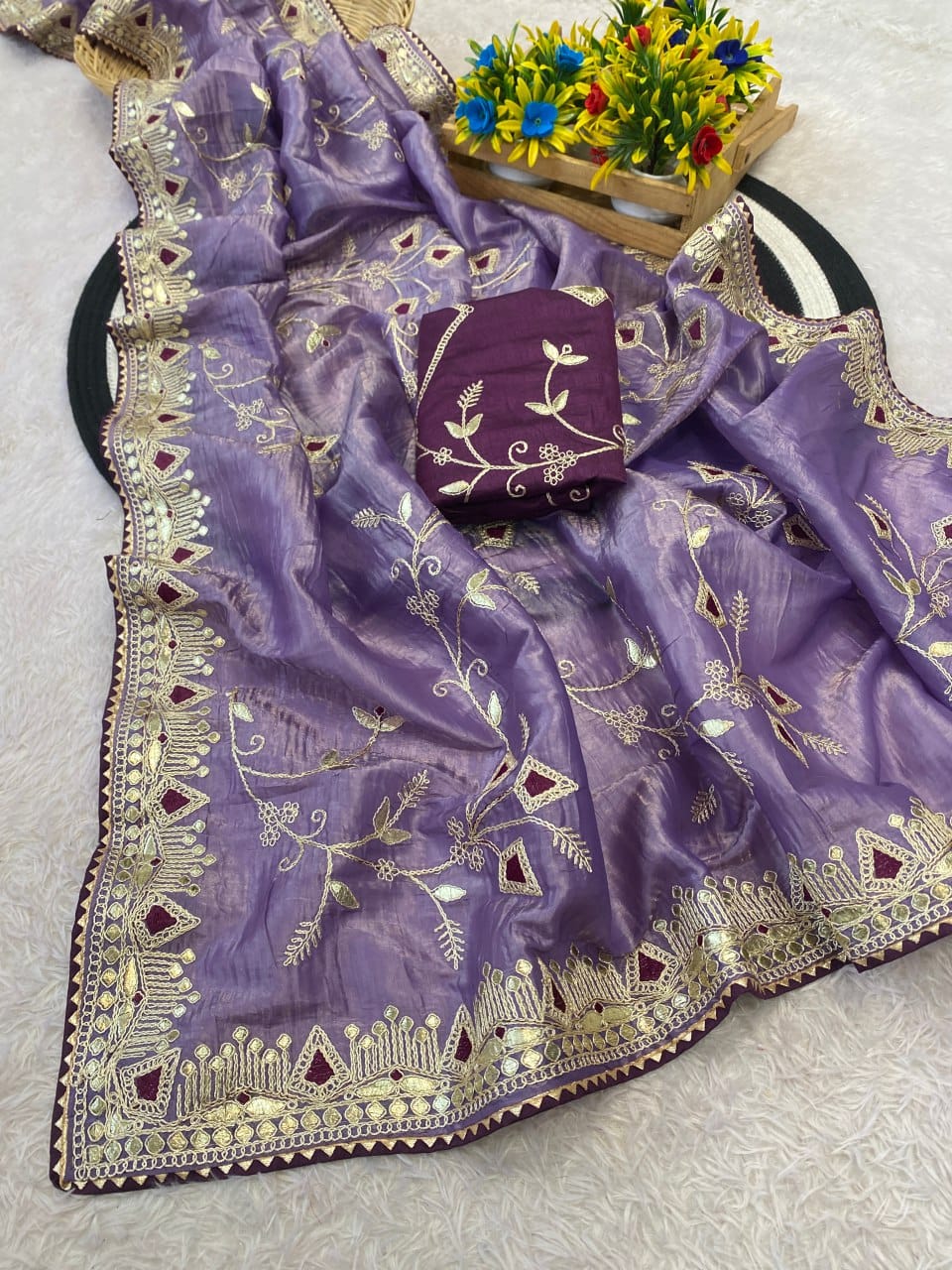 Beautiful multi-coding daga & gota embroidery border designer saree with c pallu work