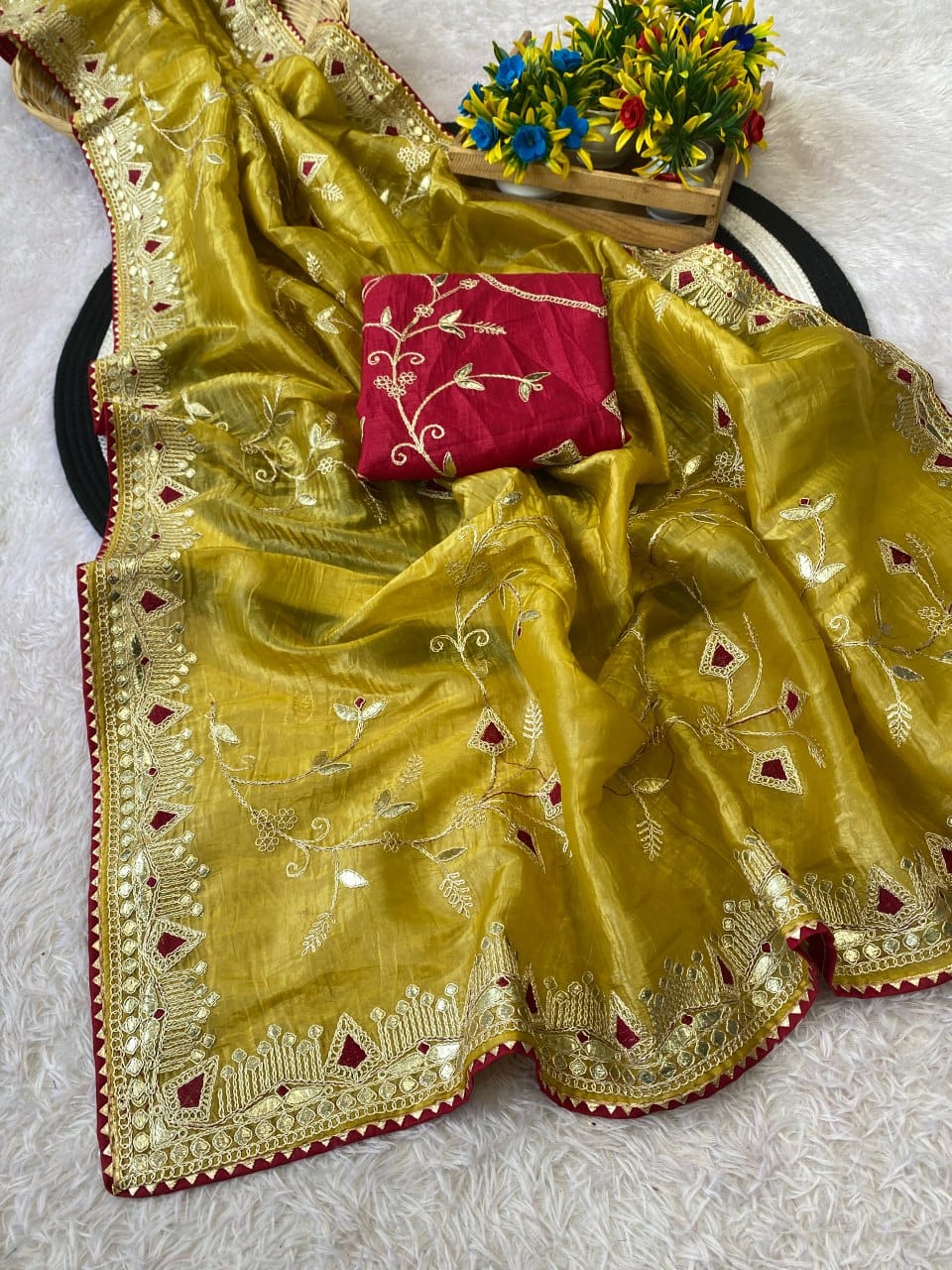 Beautiful multi-coding daga & gota embroidery border designer saree with c pallu work