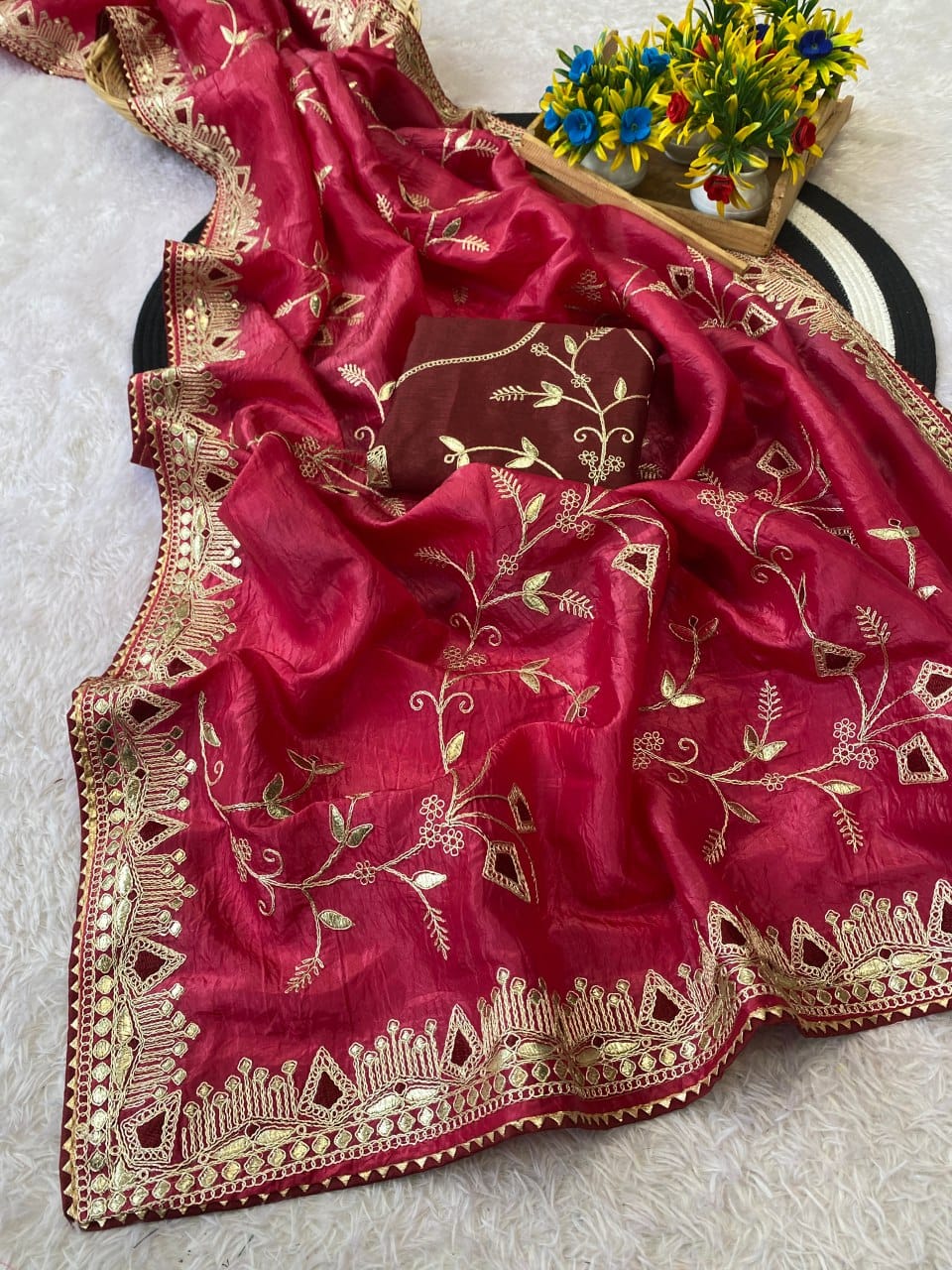 Beautiful multi-coding daga & gota embroidery border designer saree with c pallu work