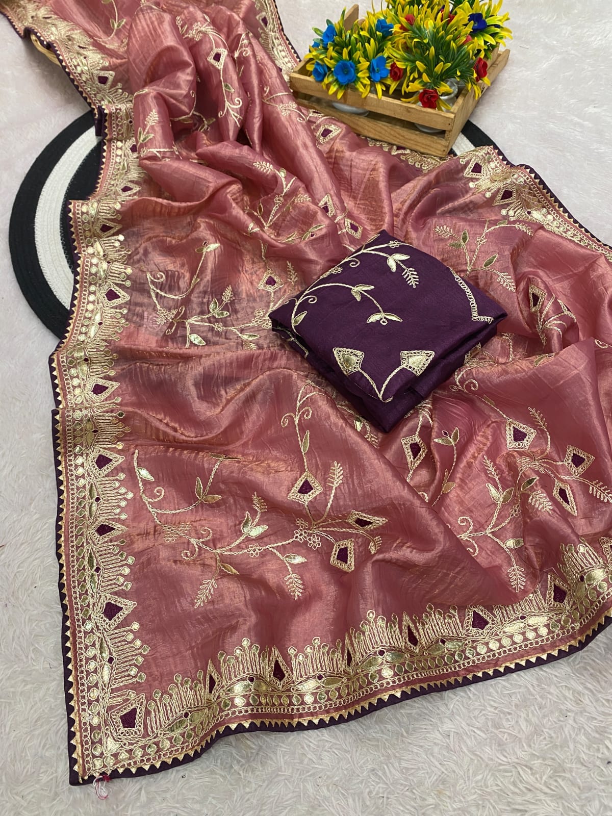 Beautiful multi-coding daga & gota embroidery border designer saree with c pallu work