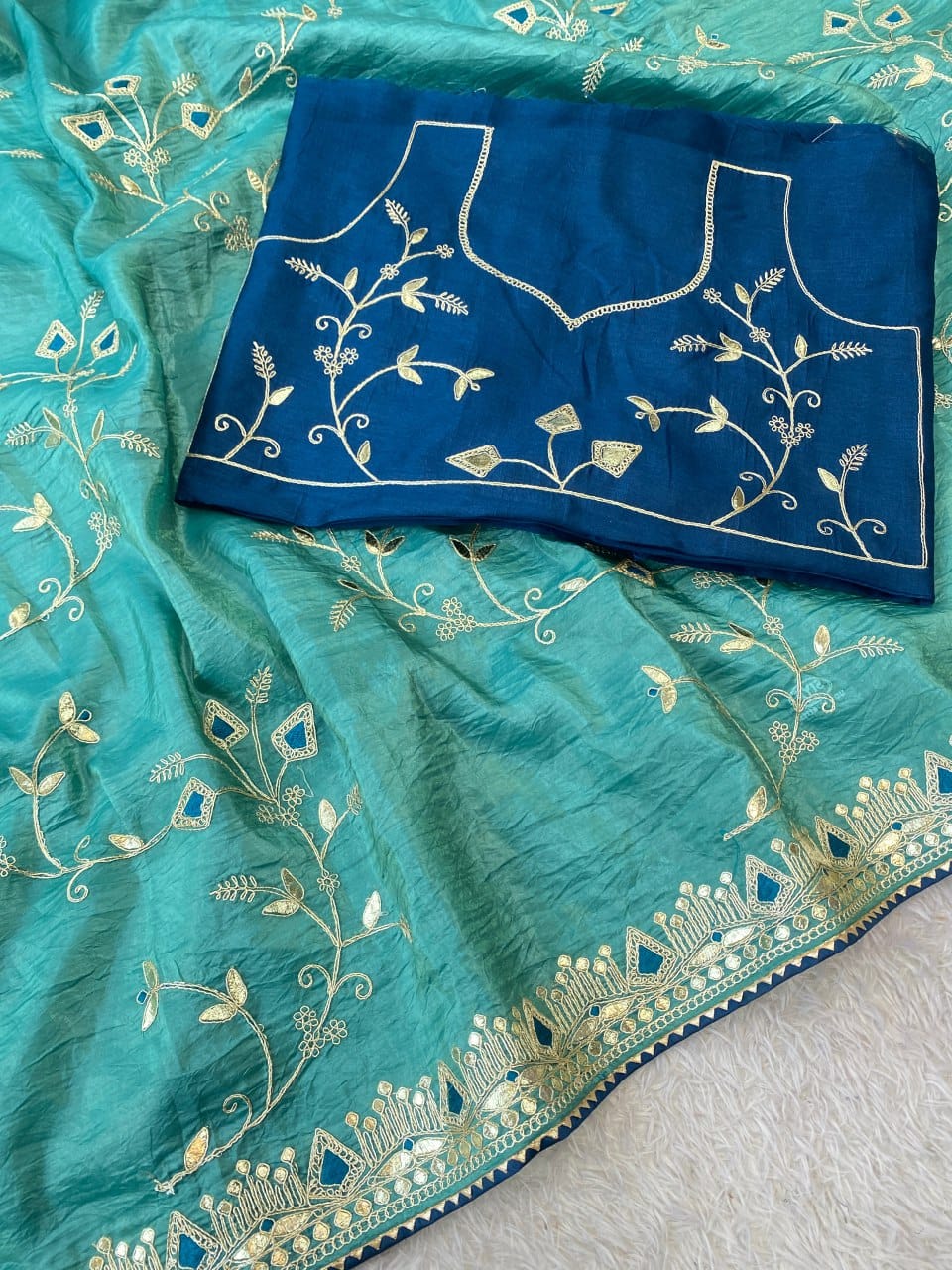 Beautiful multi-coding daga & gota embroidery border designer saree with c pallu work
