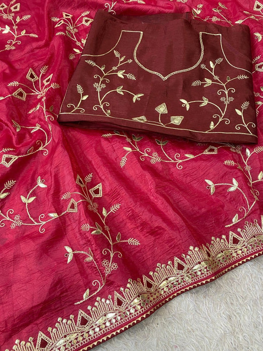 Beautiful multi-coding daga & gota embroidery border designer saree with c pallu work