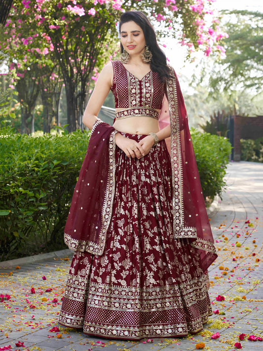 Georgette, Silk, Net Sequins, And Zari Embroidered Lehenga Set