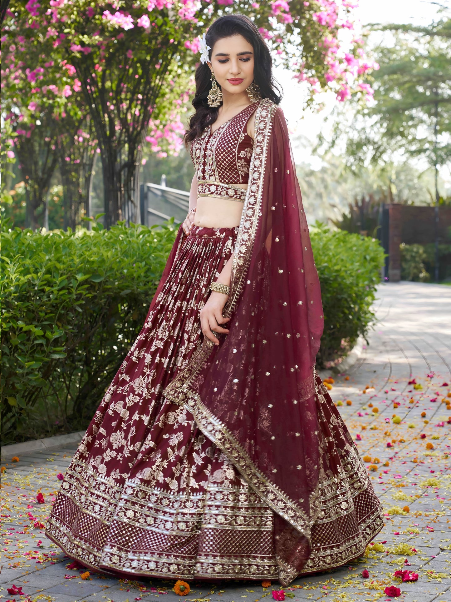 Georgette, Silk, Net Sequins, And Zari Embroidered Lehenga Set