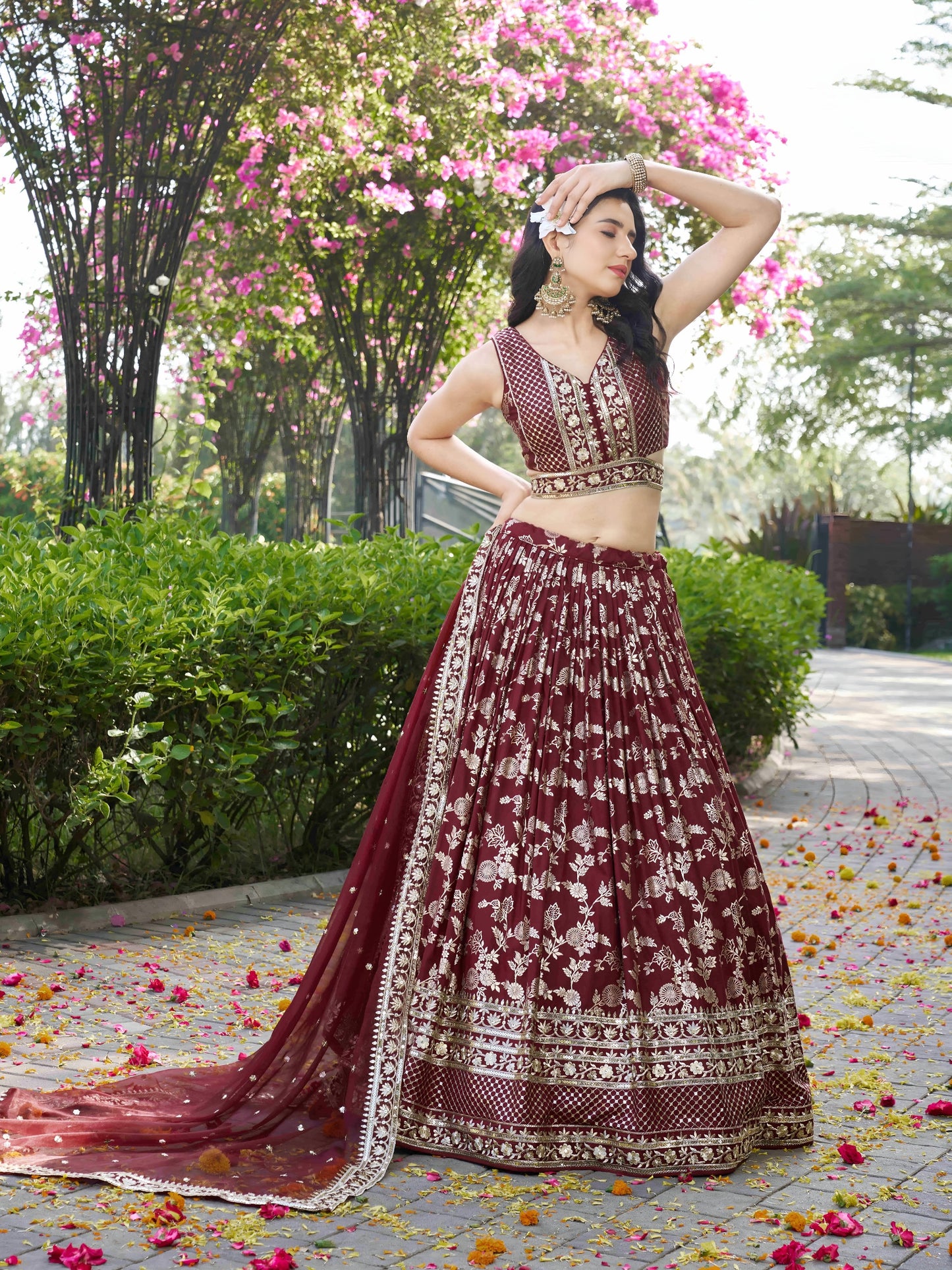 Georgette, Silk, Net Sequins, And Zari Embroidered Lehenga Set