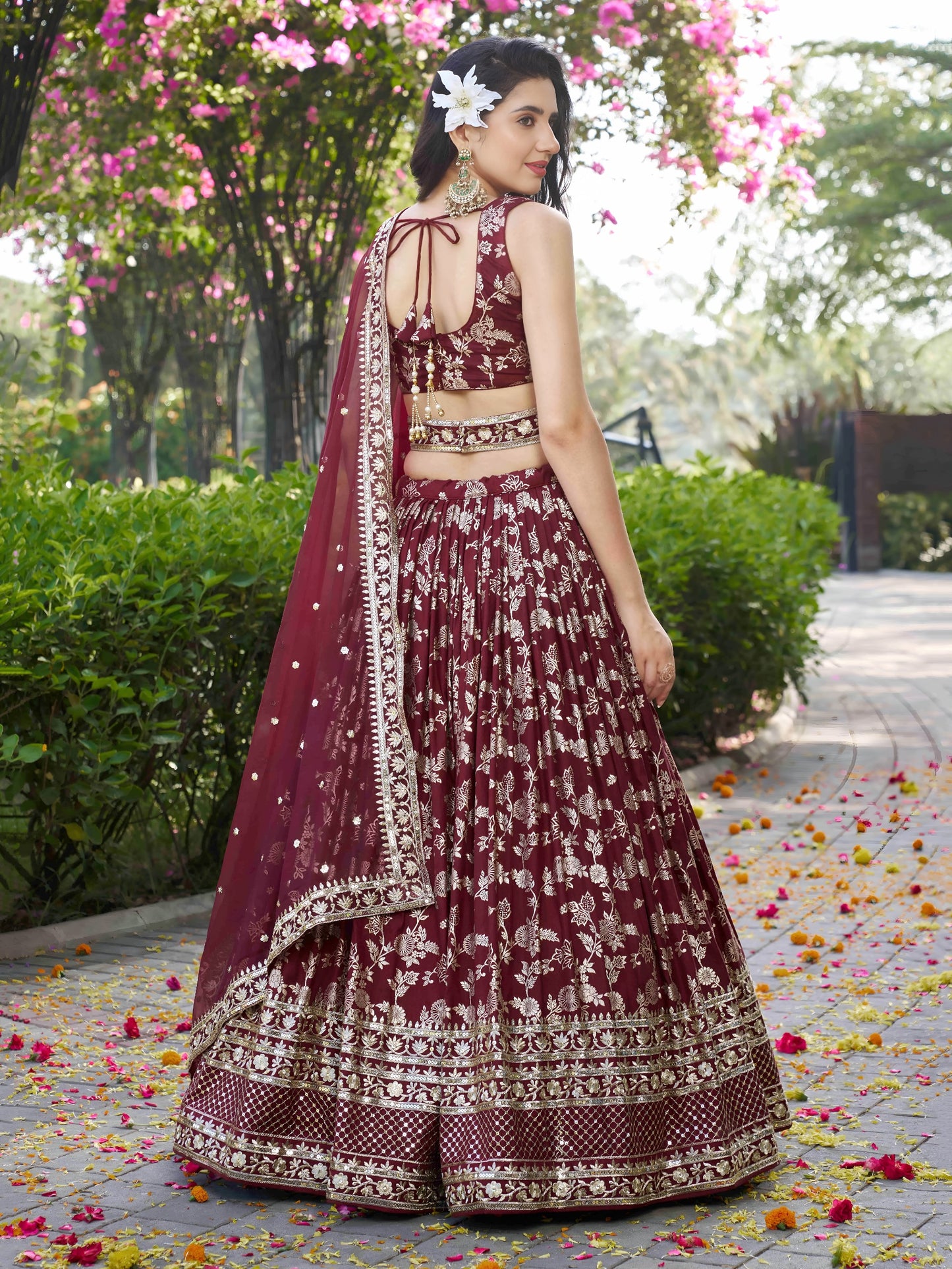 Georgette, Silk, Net Sequins, And Zari Embroidered Lehenga Set