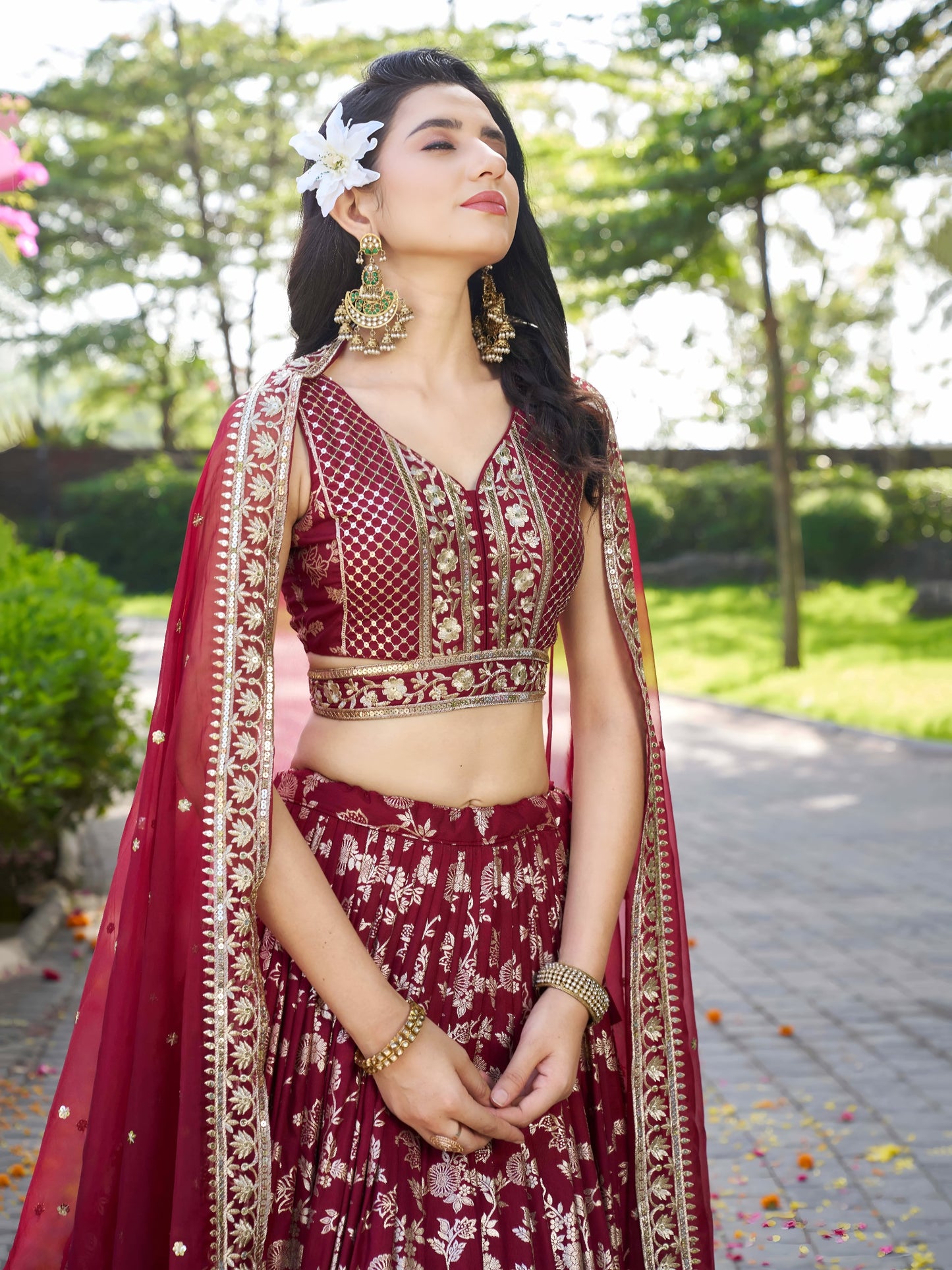 Georgette, Silk, Net Sequins, And Zari Embroidered Lehenga Set