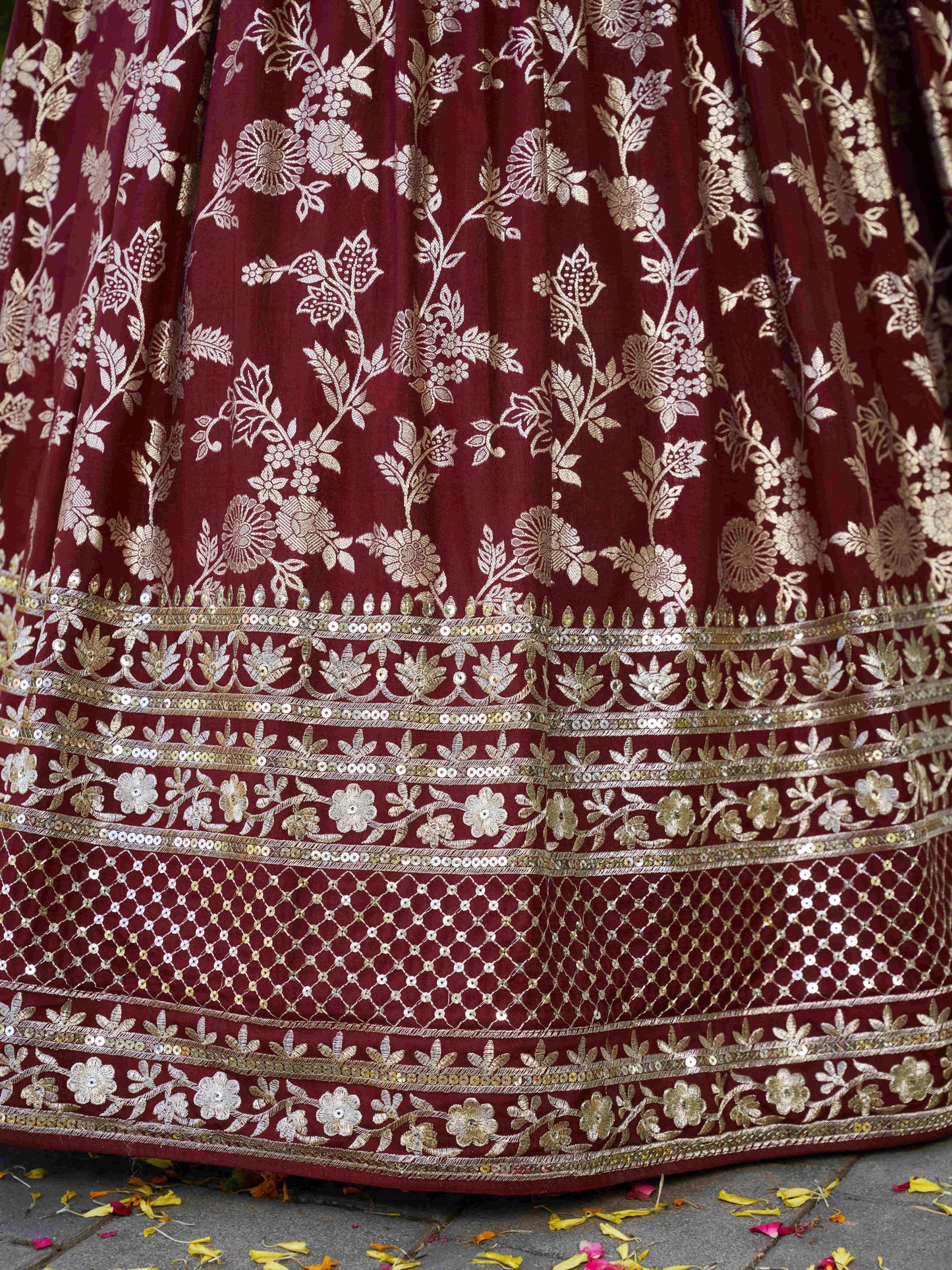 Georgette, Silk, Net Sequins, And Zari Embroidered Lehenga Set