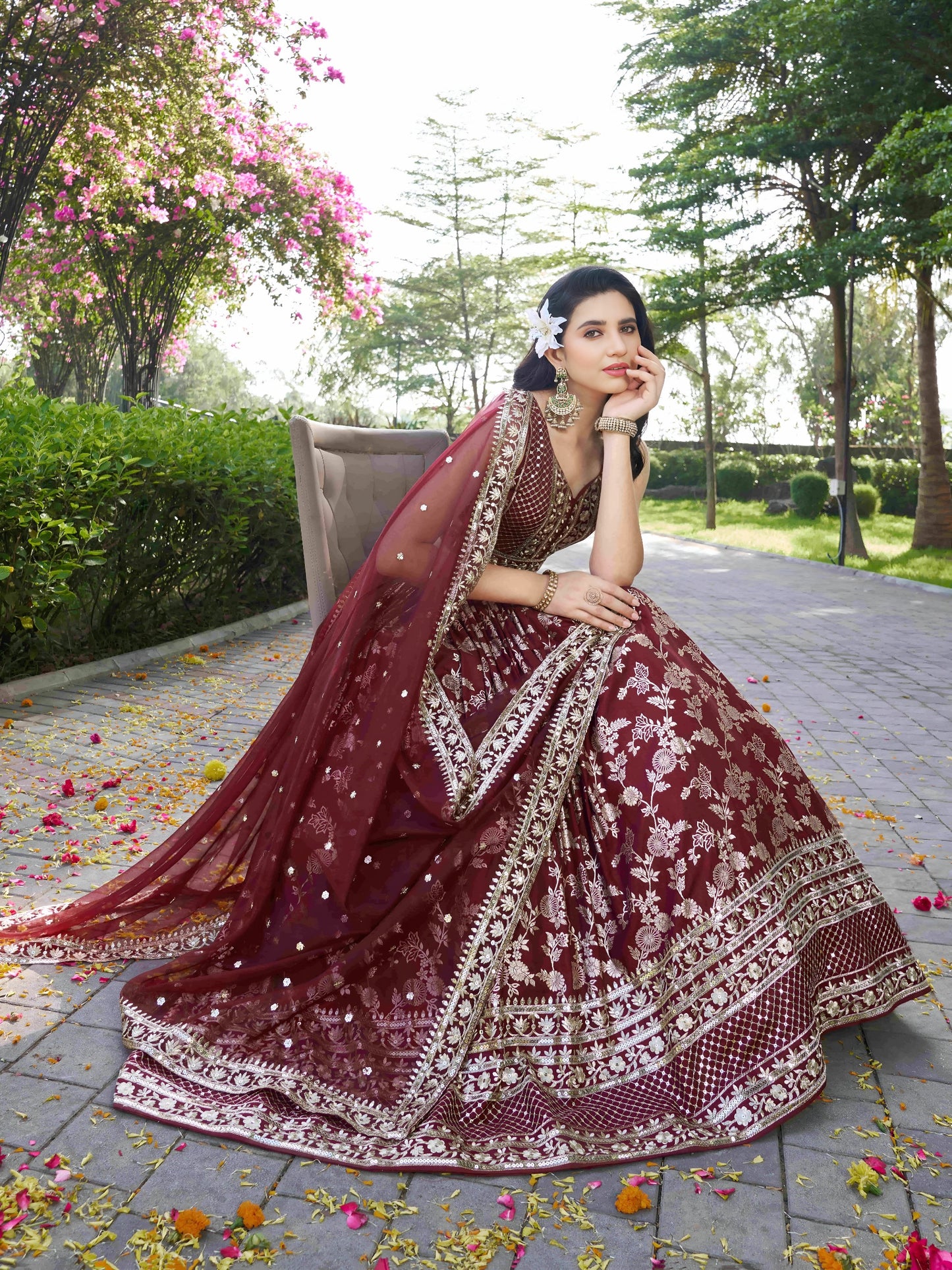 Georgette, Silk, Net Sequins, And Zari Embroidered Lehenga Set
