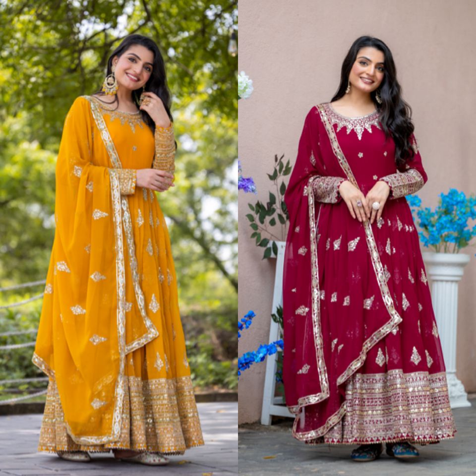 Embroidered Faux Georgette Long Gown With Embroidery Sequence work Dupatta