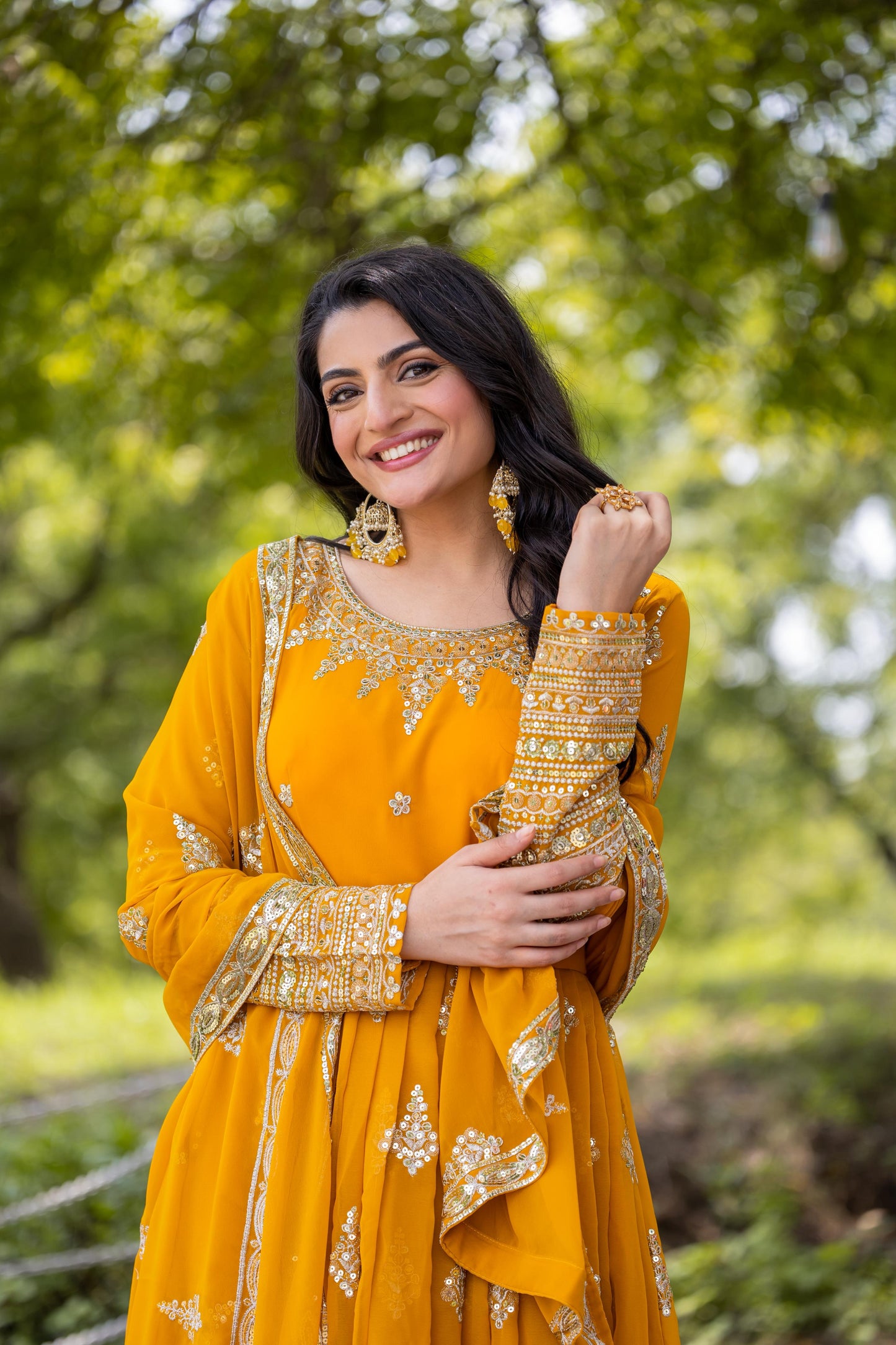 Embroidered Faux Georgette Long Gown With Embroidery Sequence work Dupatta