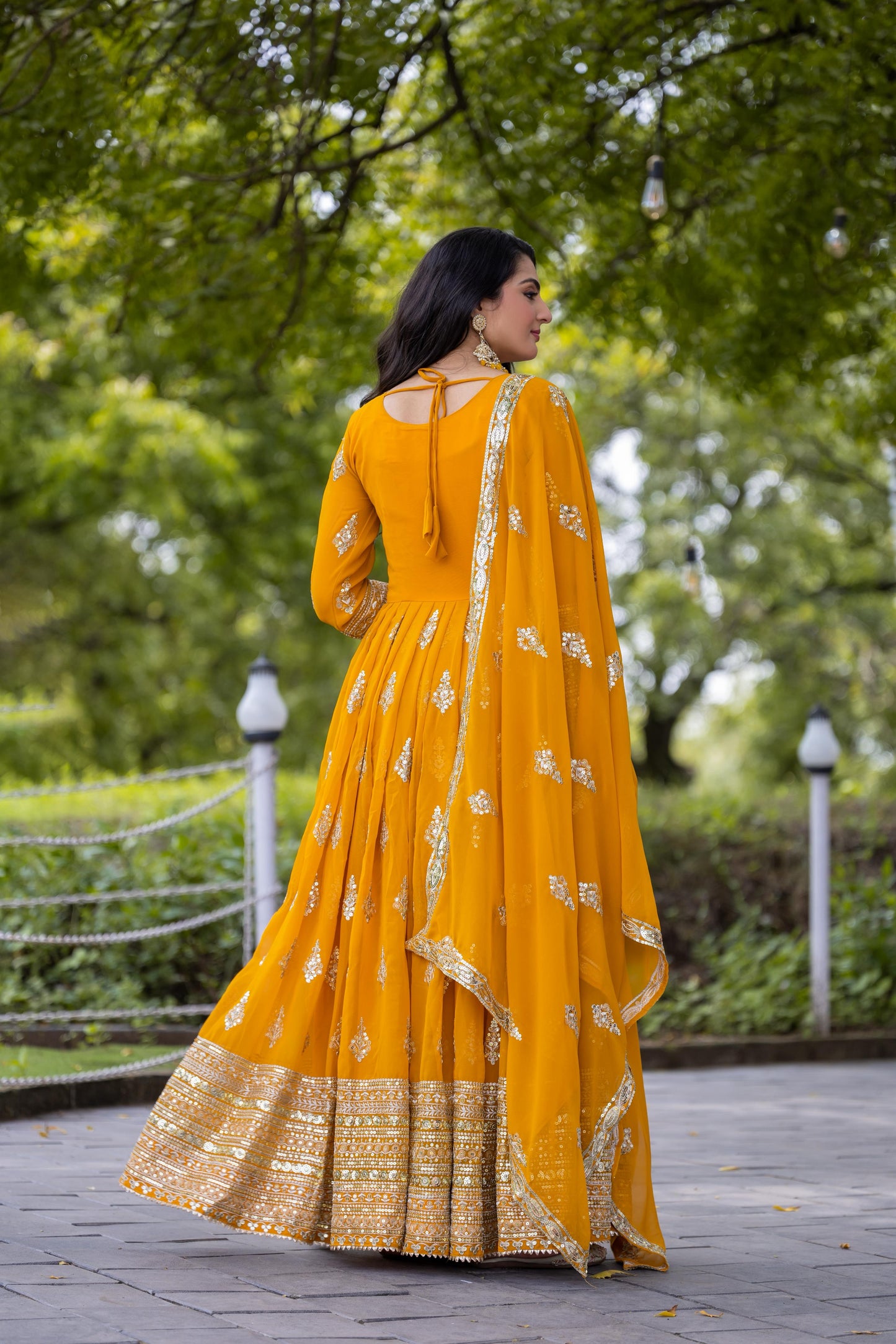 Embroidered Faux Georgette Long Gown With Embroidery Sequence work Dupatta