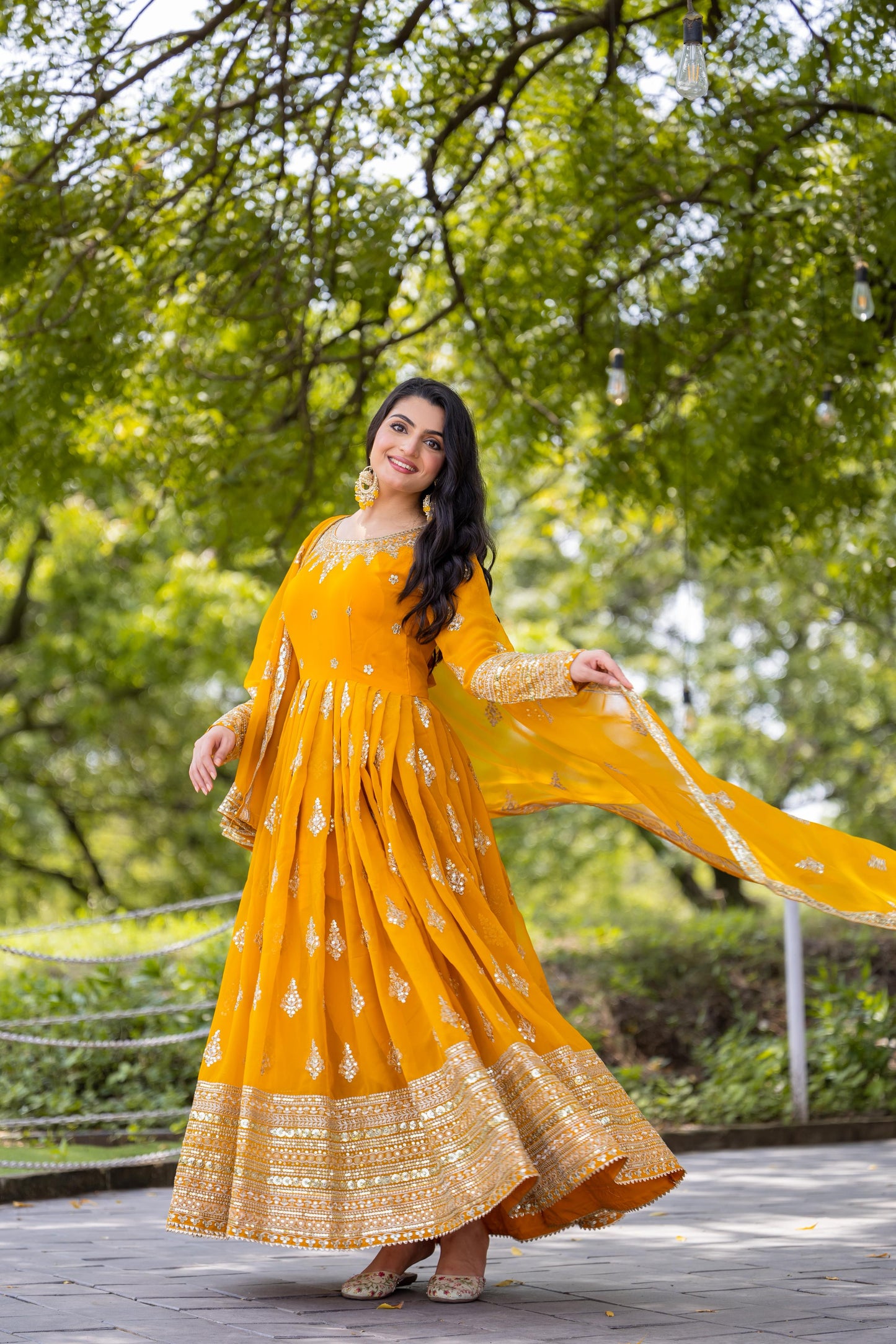 Embroidered Faux Georgette Long Gown With Embroidery Sequence work Dupatta