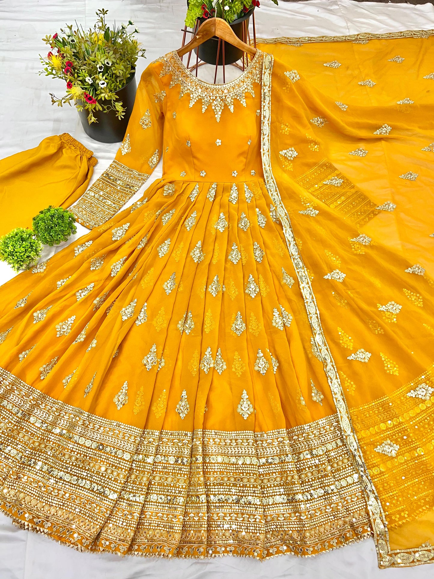 Embroidered Faux Georgette Long Gown With Embroidery Sequence work Dupatta