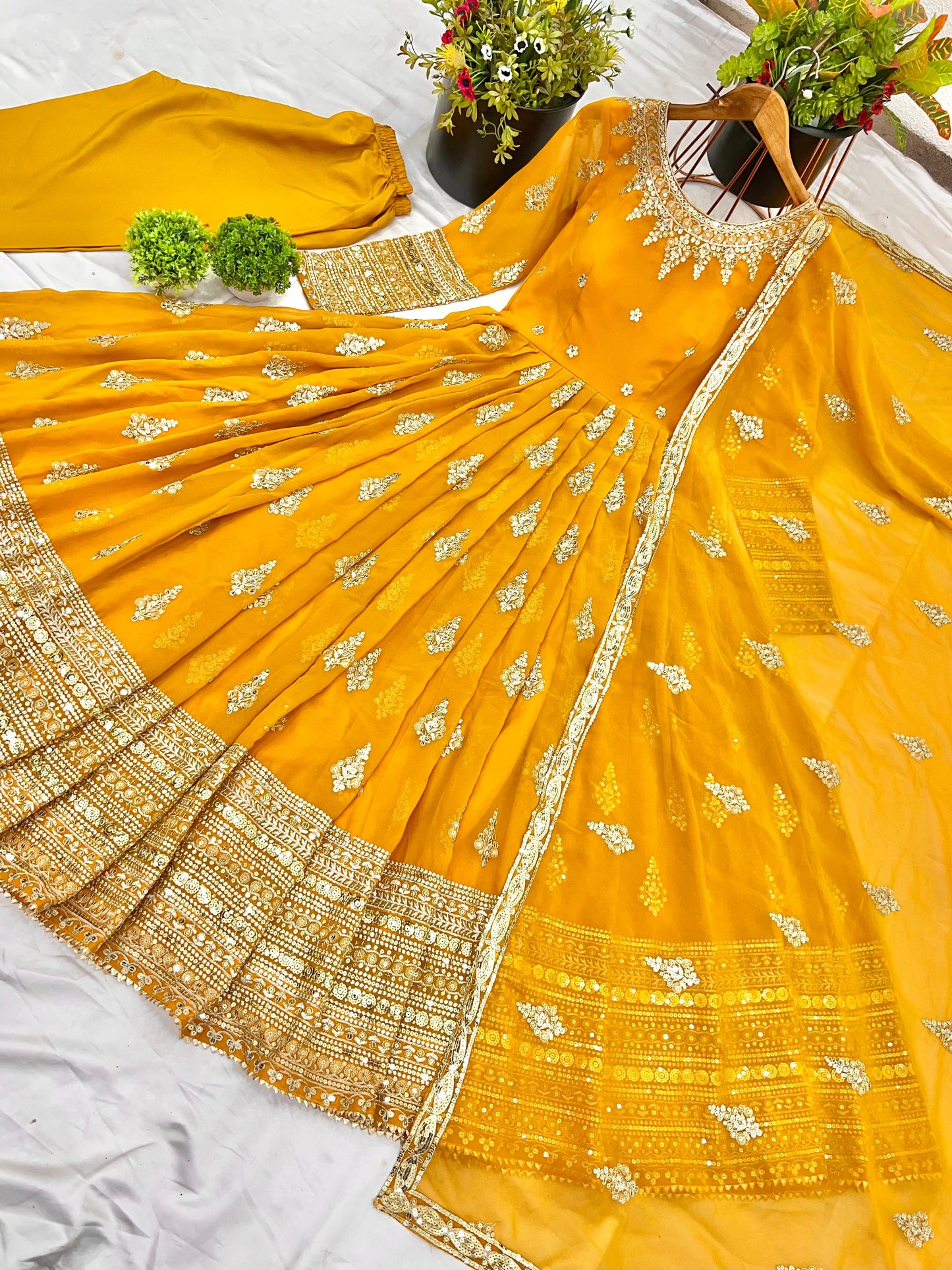 Embroidered Faux Georgette Long Gown With Embroidery Sequence work Dupatta