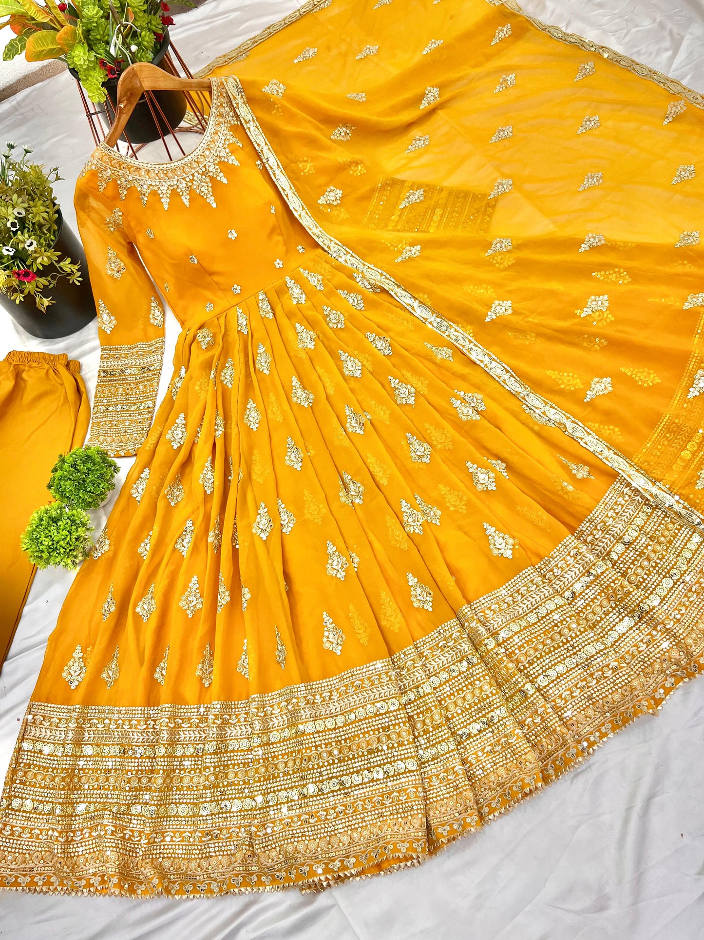 Embroidered Faux Georgette Long Gown With Embroidery Sequence work Dupatta