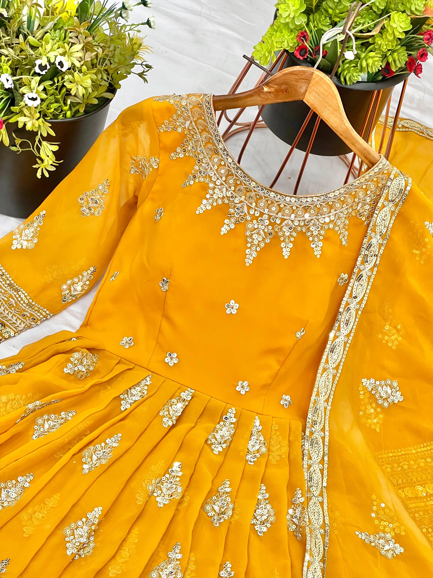 Embroidered Faux Georgette Long Gown With Embroidery Sequence work Dupatta