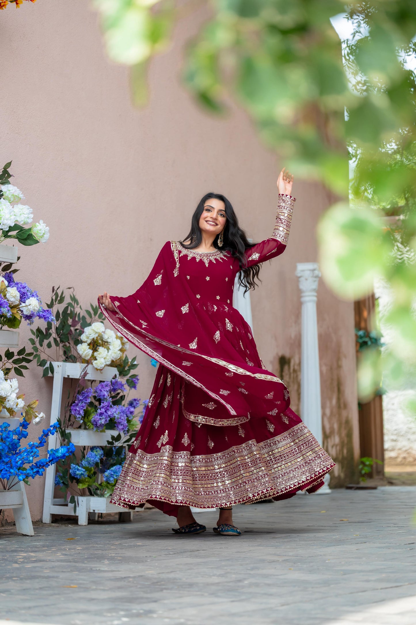 Embroidered Faux Georgette Long Gown With Embroidery Sequence work Dupatta