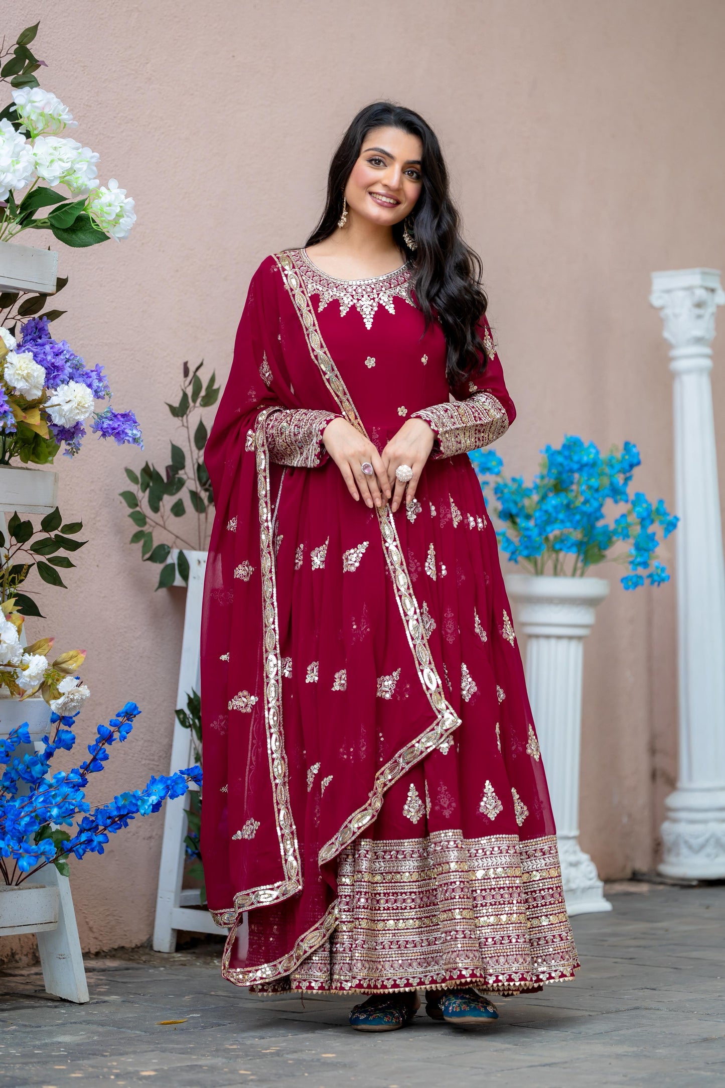 Embroidered Faux Georgette Long Gown With Embroidery Sequence work Dupatta