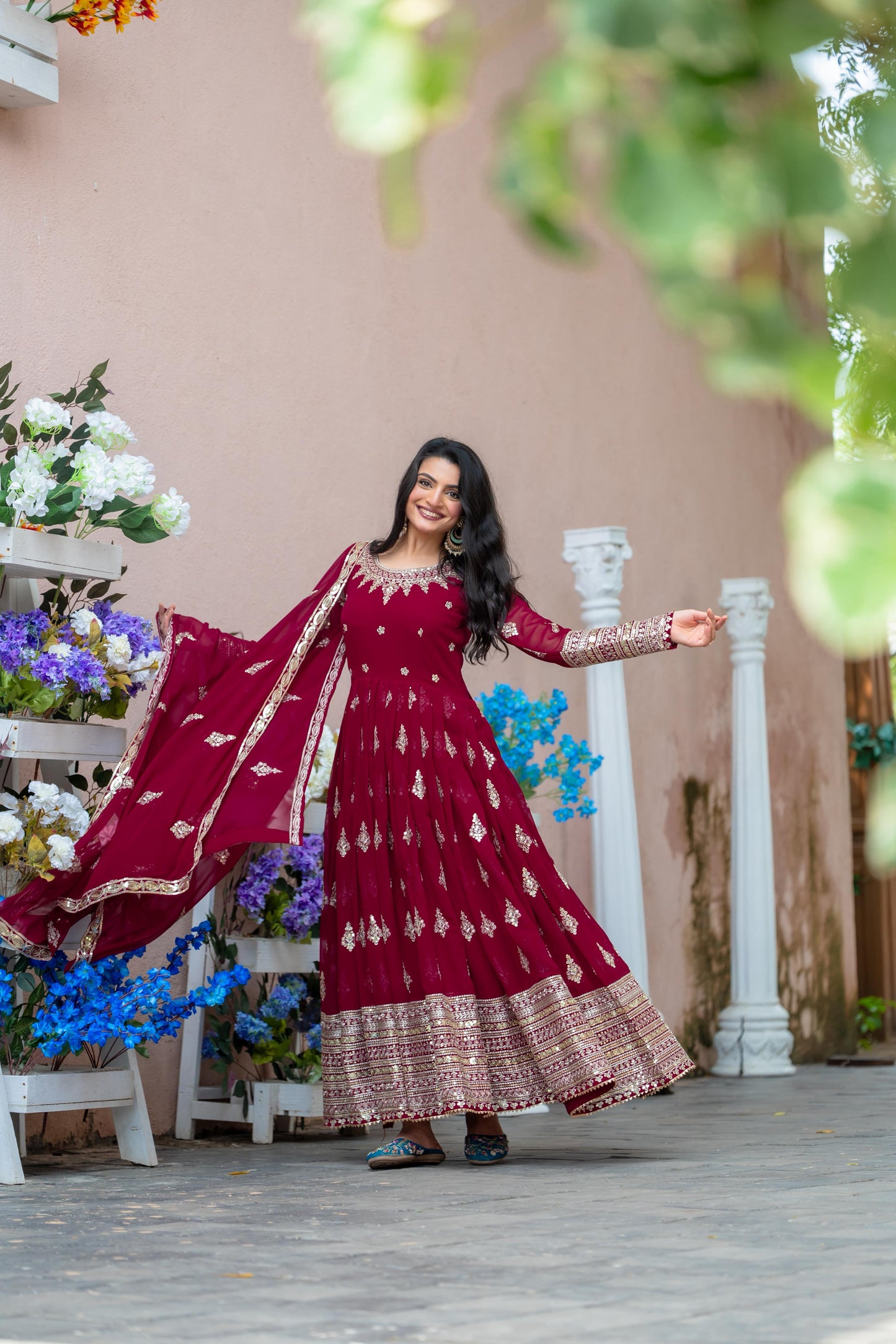 Embroidered Faux Georgette Long Gown With Embroidery Sequence work Dupatta