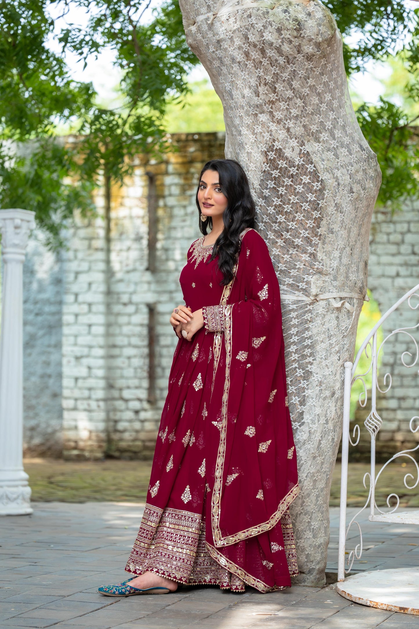 Embroidered Faux Georgette Long Gown With Embroidery Sequence work Dupatta