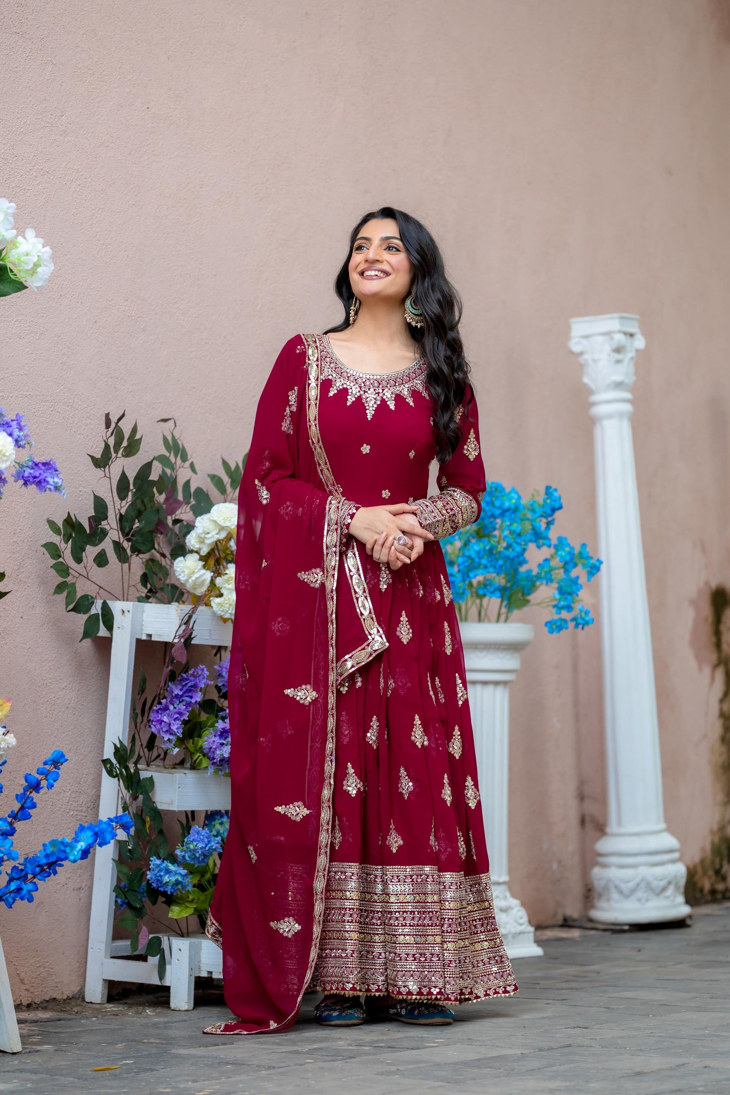 Embroidered Faux Georgette Long Gown With Embroidery Sequence work Dupatta