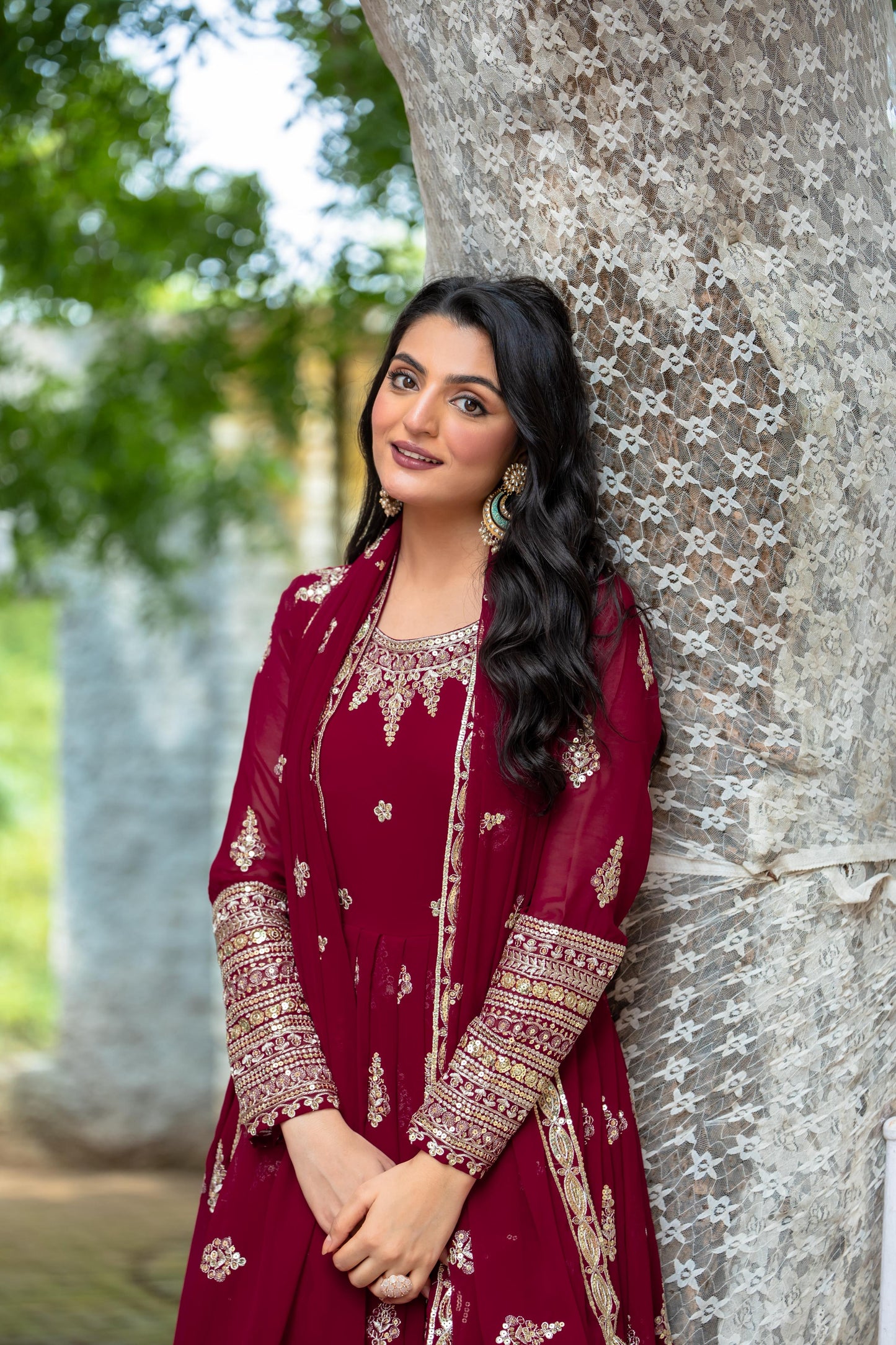 Embroidered Faux Georgette Long Gown With Embroidery Sequence work Dupatta