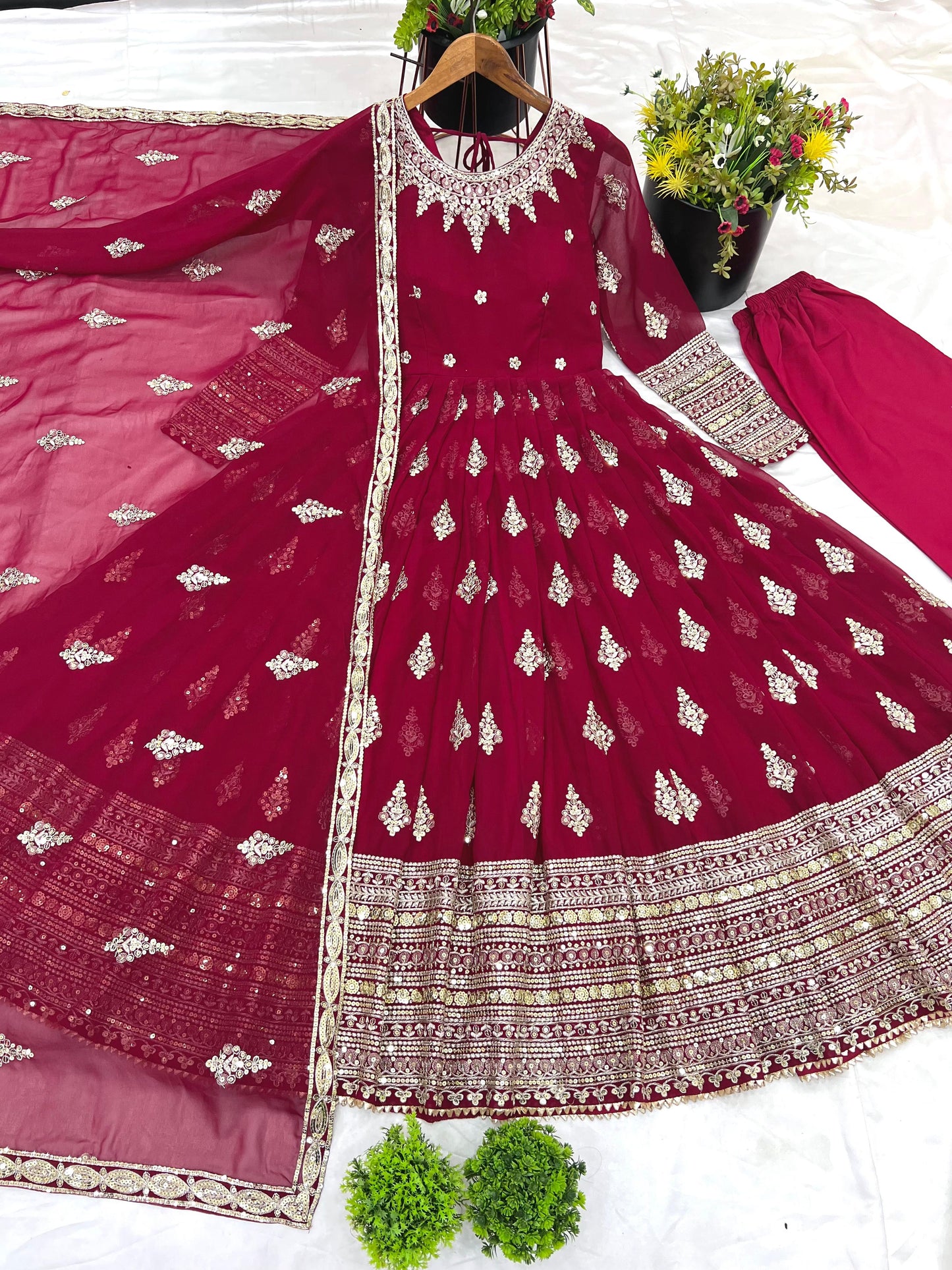 Embroidered Faux Georgette Long Gown With Embroidery Sequence work Dupatta