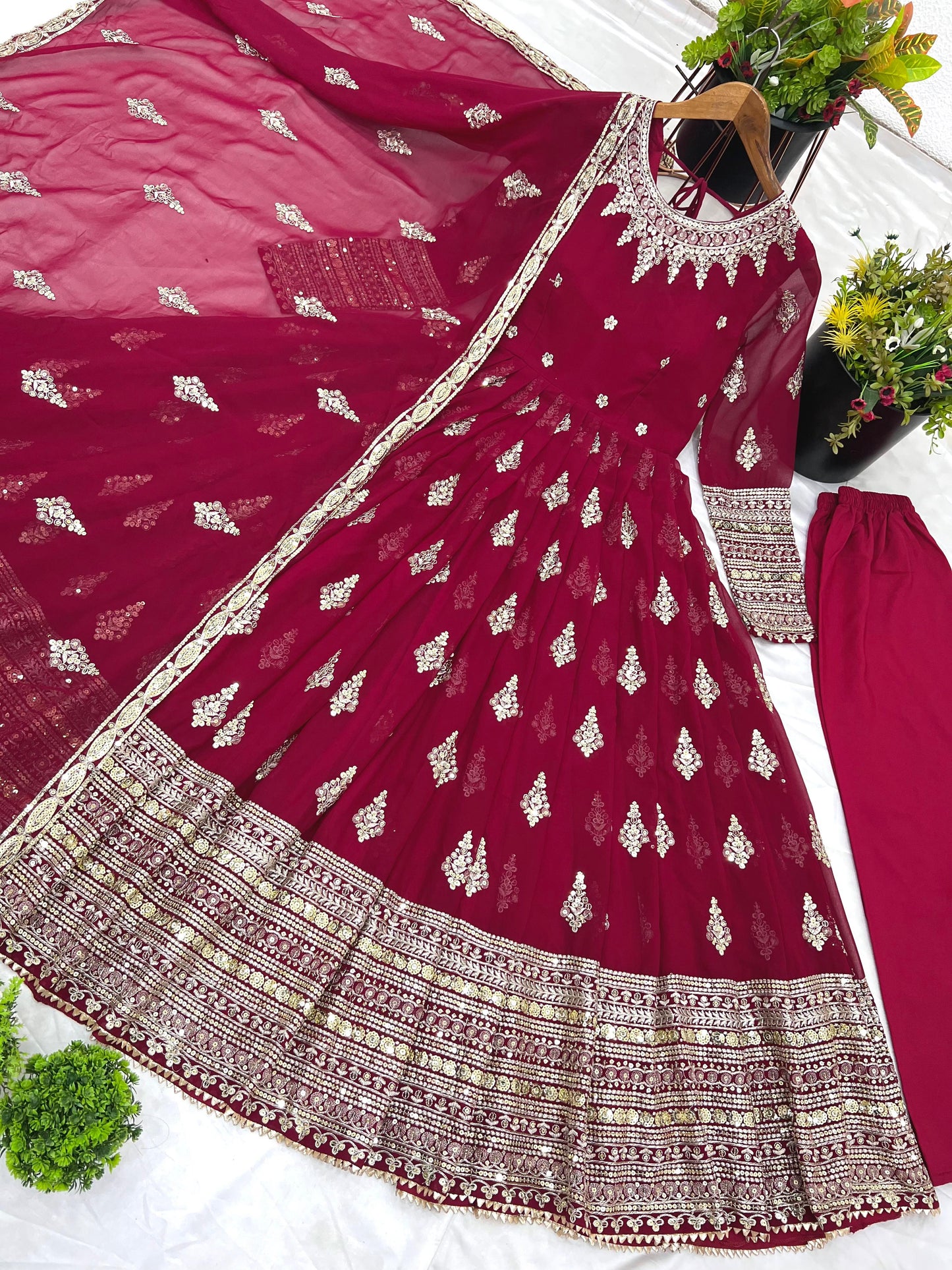 Embroidered Faux Georgette Long Gown With Embroidery Sequence work Dupatta