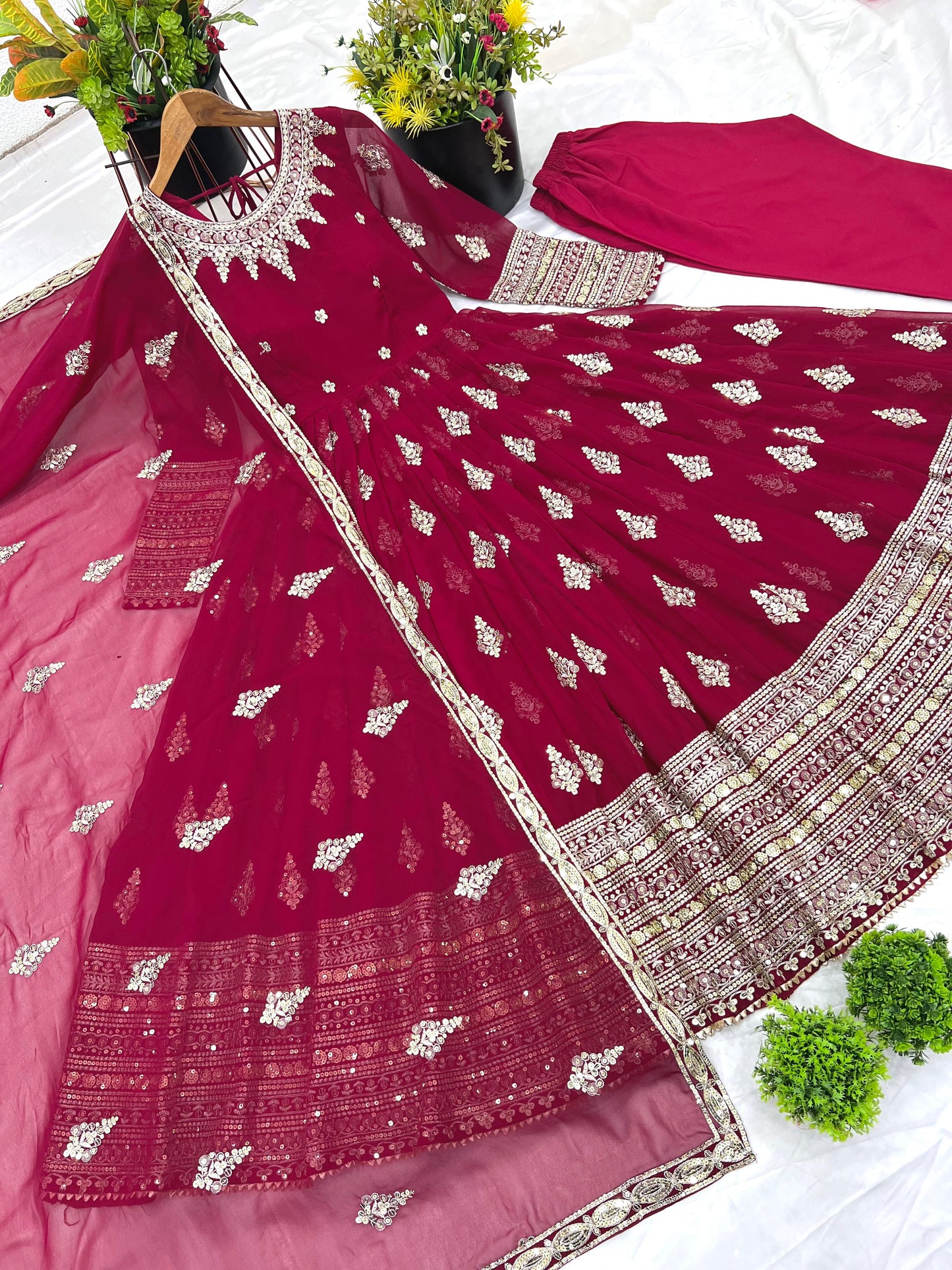 Embroidered Faux Georgette Long Gown With Embroidery Sequence work Dupatta