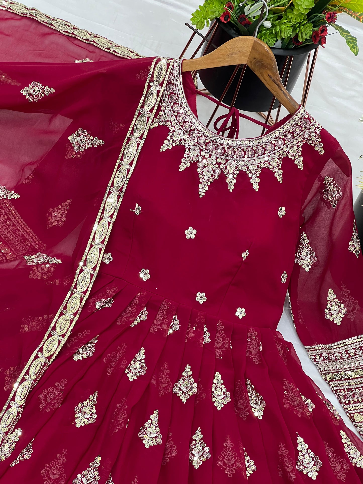 Embroidered Faux Georgette Long Gown With Embroidery Sequence work Dupatta
